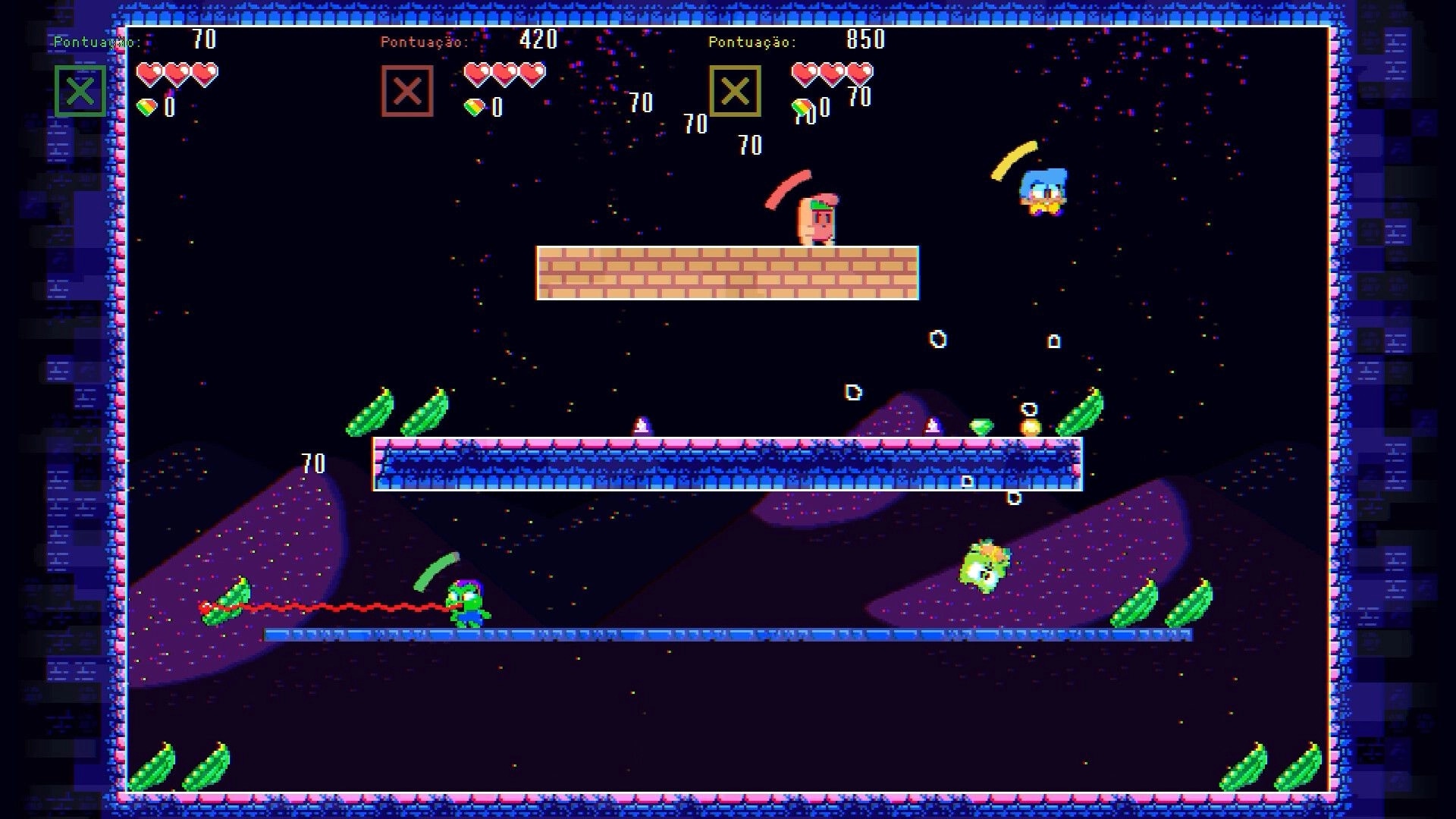POPAPOM: Three fighters trading hits on stacked platforms with hearts, gems, and score UI in space arena.