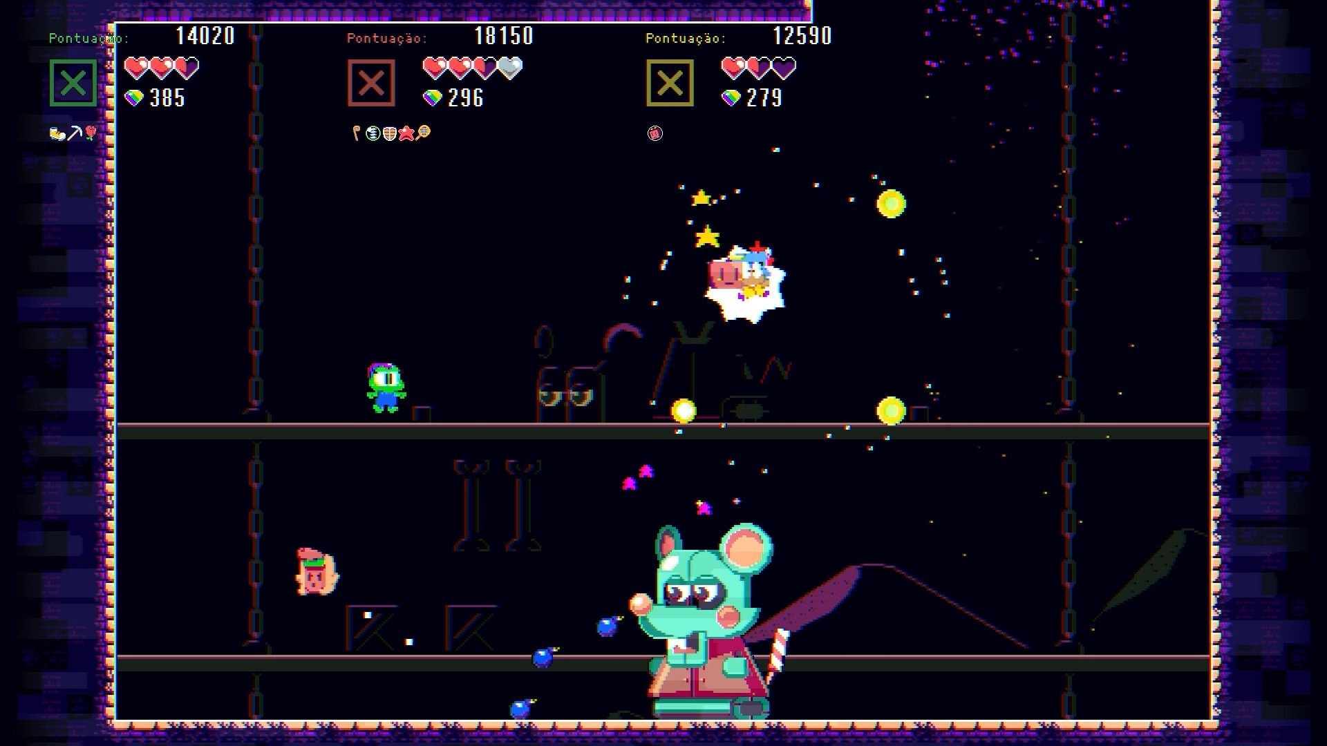 POPAPOM: Co-op arena fight with flying projectiles and a giant mouse boss in a dark tower room.