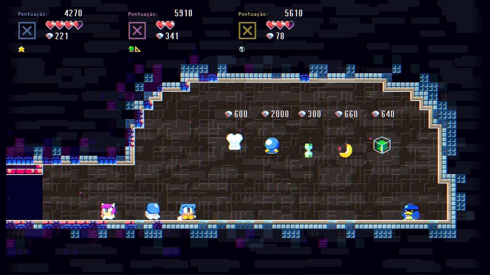 POPAPOM: Co-op shop room with four heroes browsing items with gem prices in a neon brick dungeon.