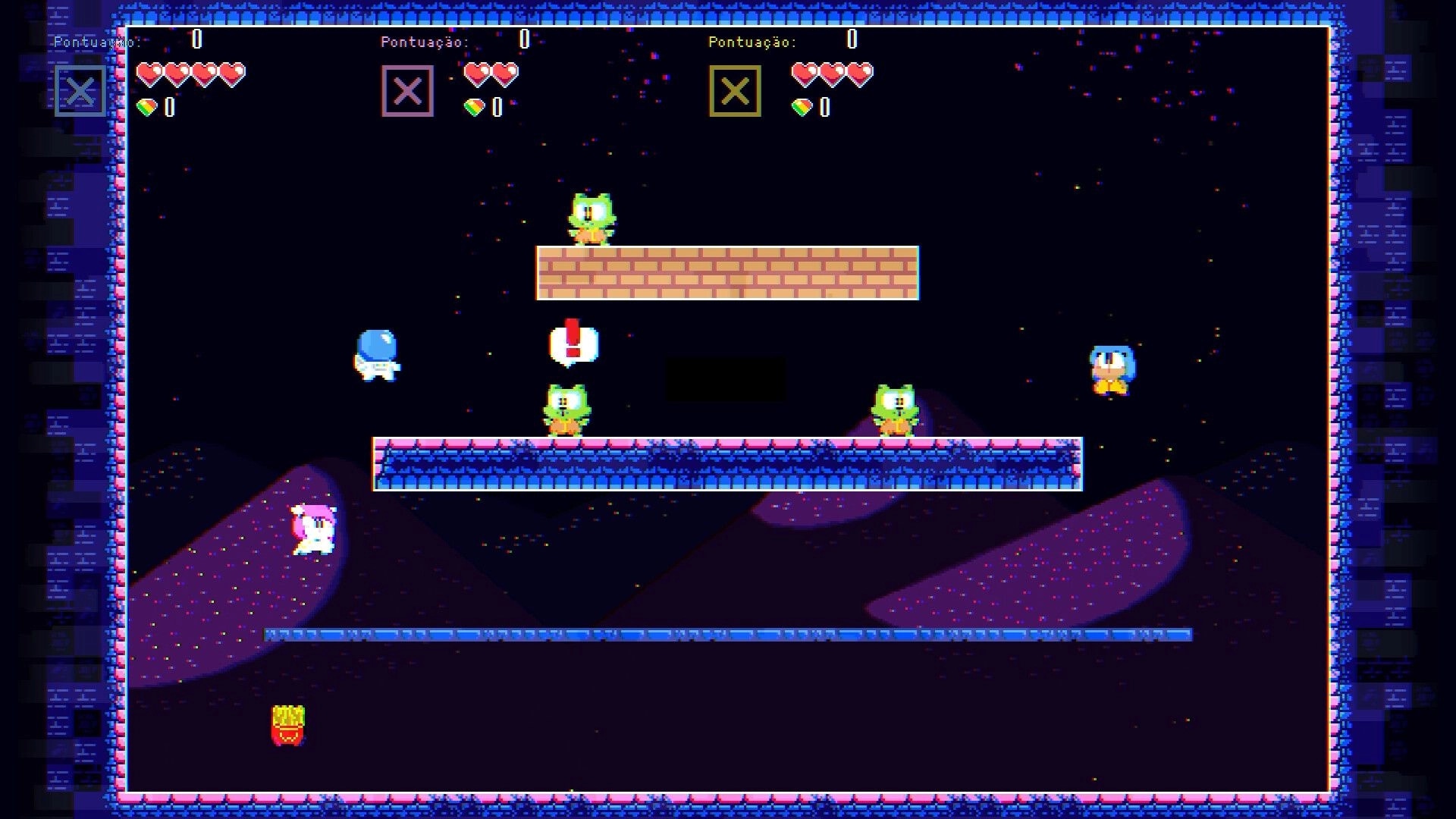POPAPOM: Four pixel heroes on floating platforms with hearts and score UI in a dark starry arena.