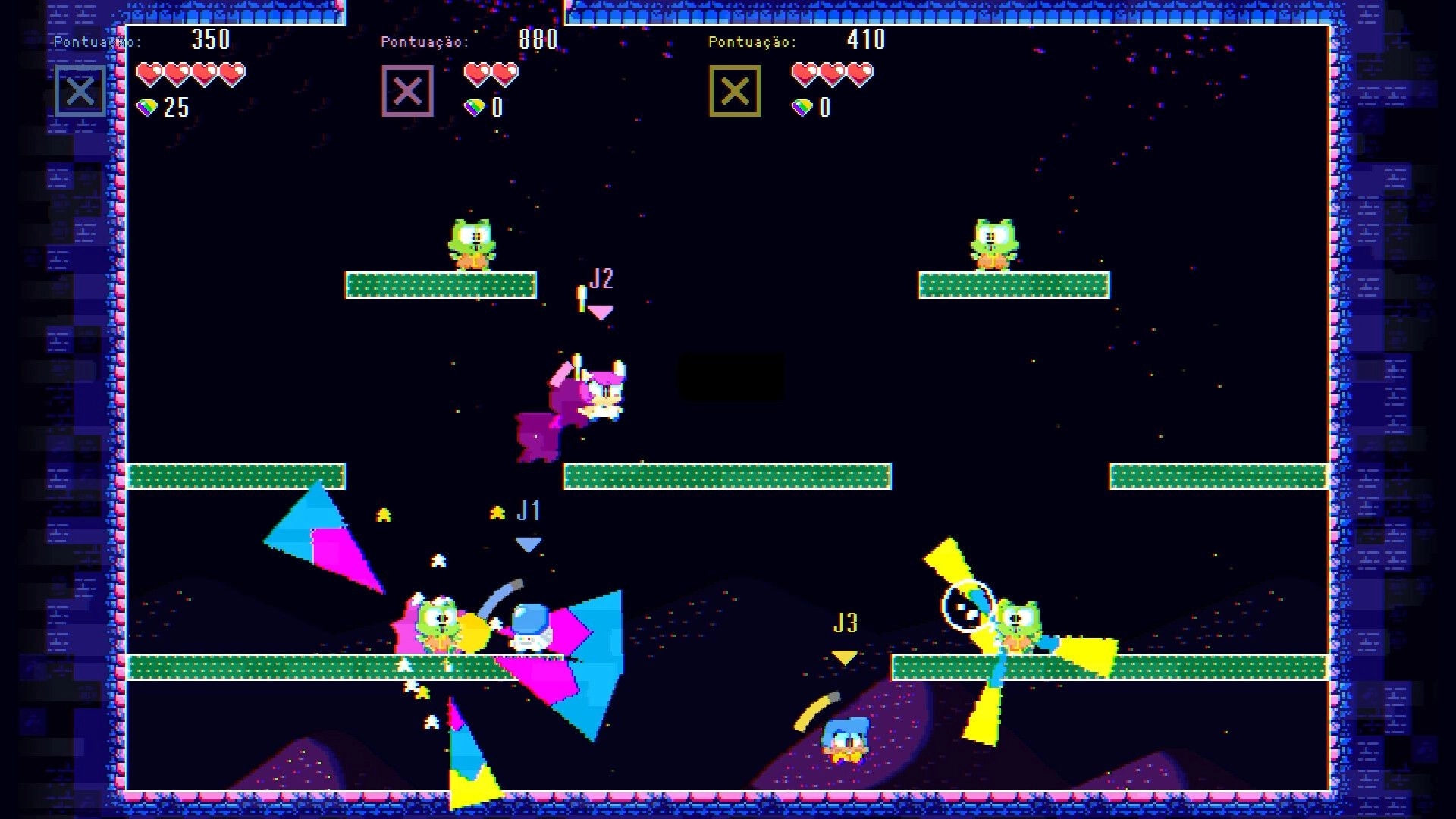 POPAPOM: Three players battle monsters on floating platforms in a dark arena, scores and hearts HUD.