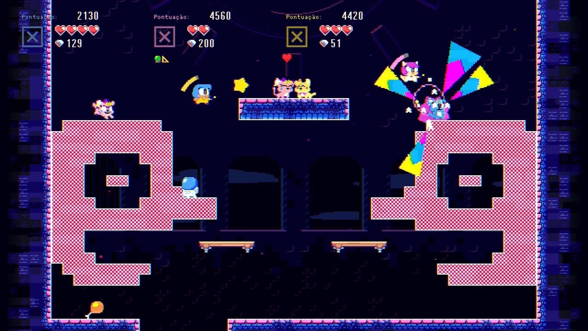 POPAPOM: Multiplayer arena platforming with four avatars, hearts and scores UI in neon dungeon room.