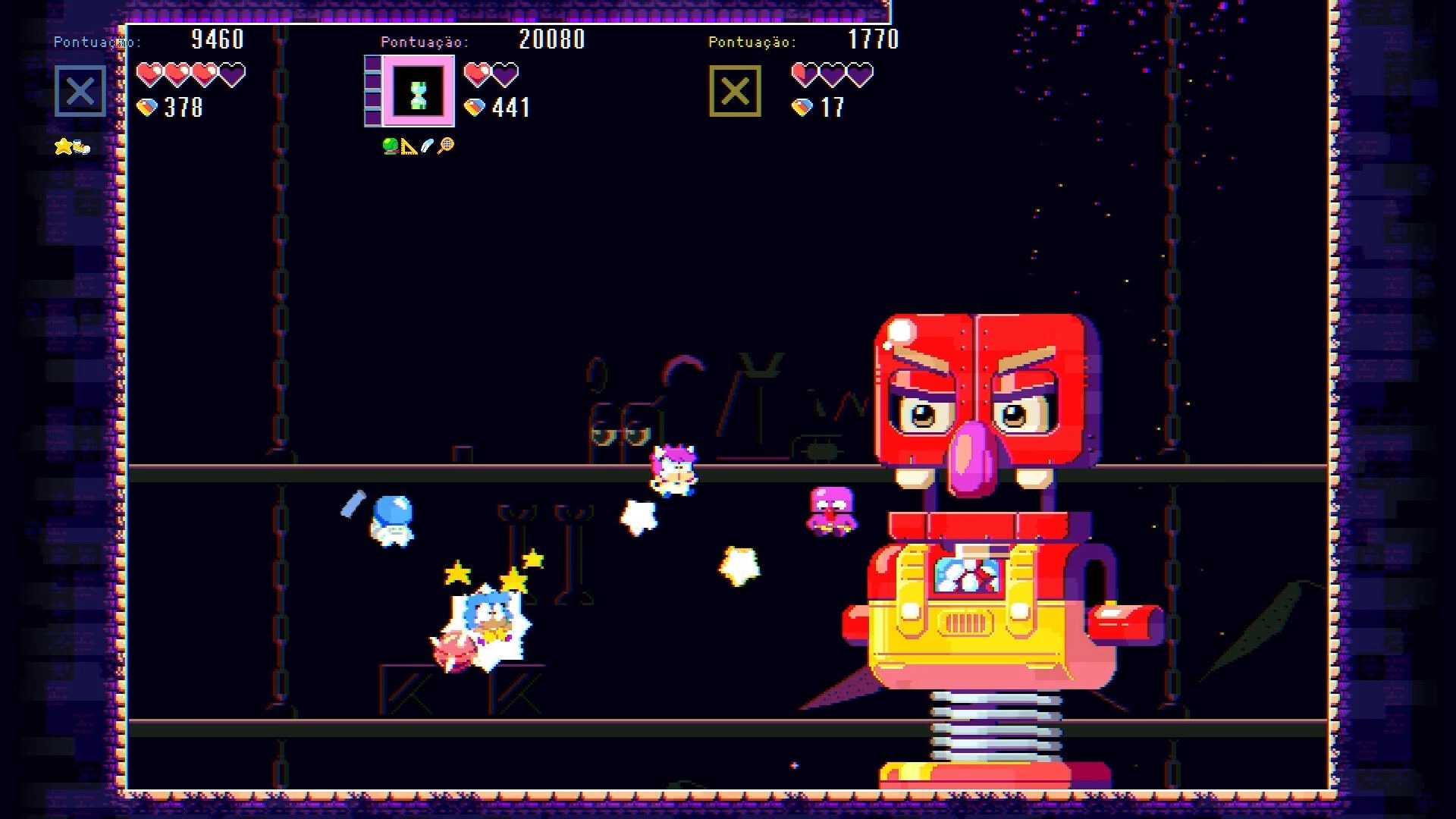POPAPOM: Players battle a giant red robot boss as hearts and scores line the top in dark arena.