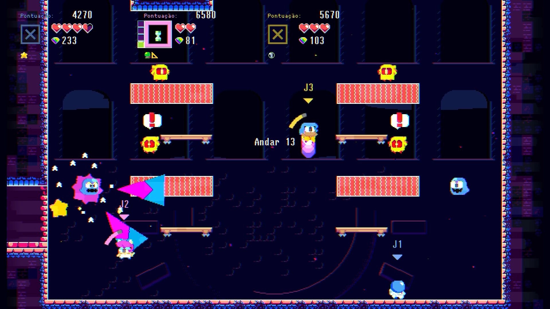POPAPOM: Three-player arena fight with a spiky monster and pickups in a dark platform room UI scores.