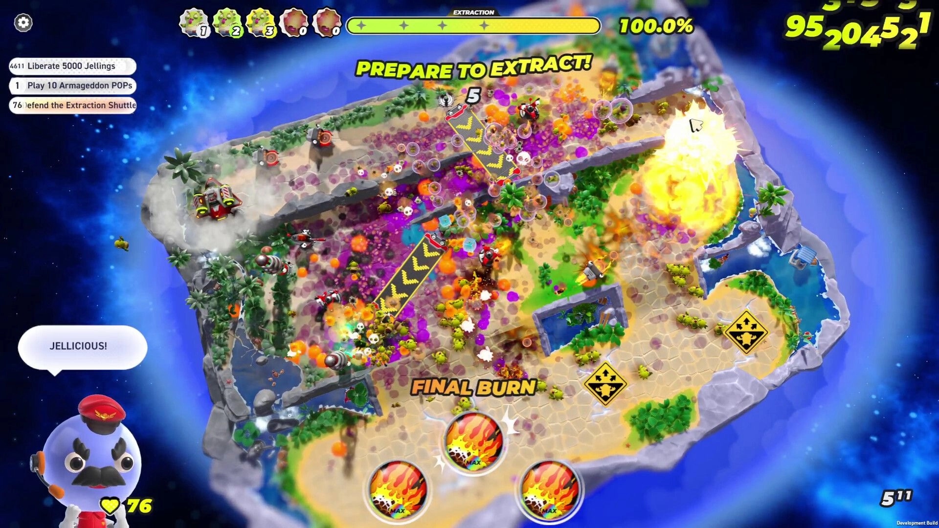 Population Control: Chaotic battlefield with Jellings, explosions, and extraction countdown in progress