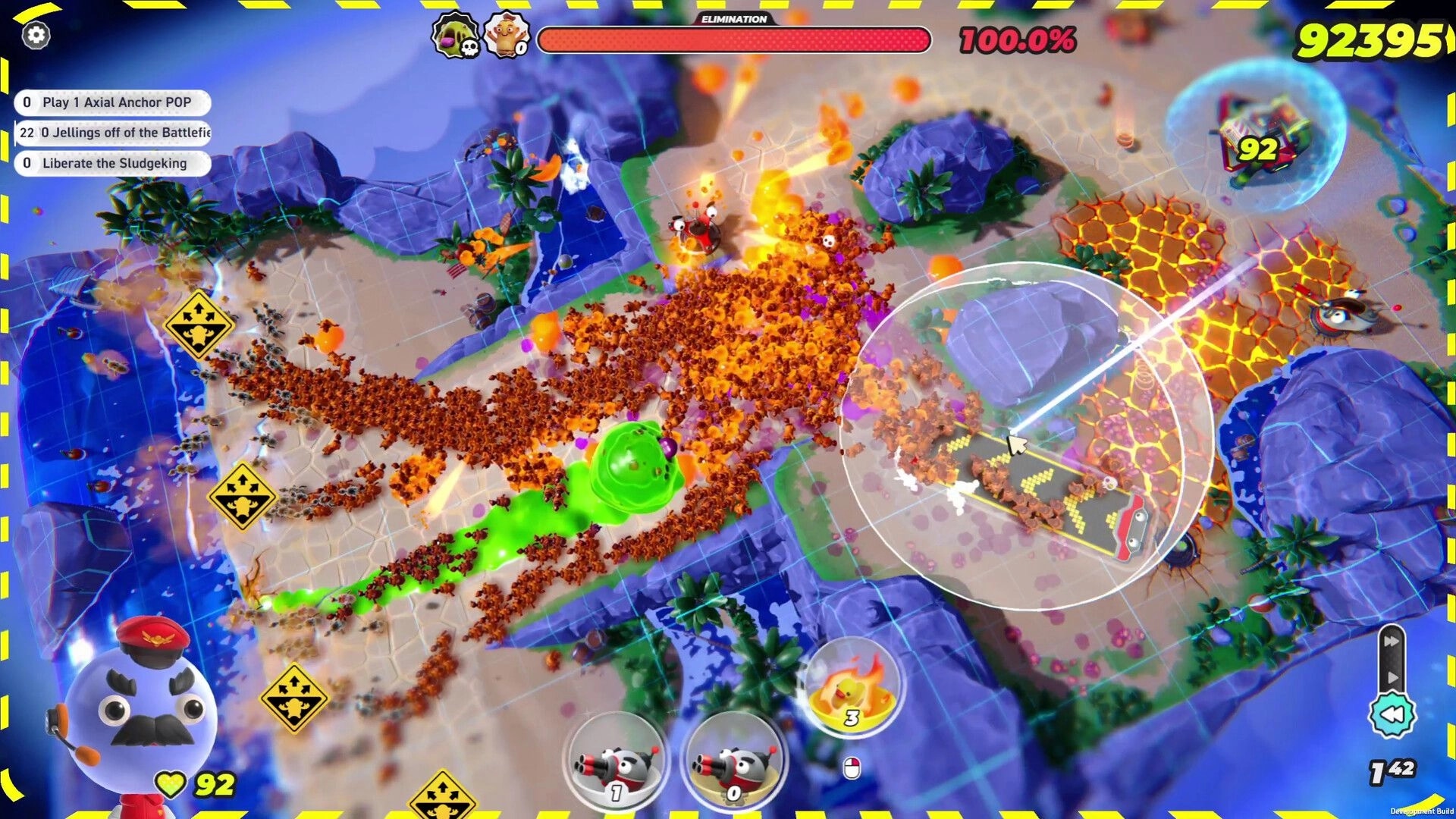 Population Control: Overhead view of chaotic battlefield with Jellings and vibrant explosions in action.