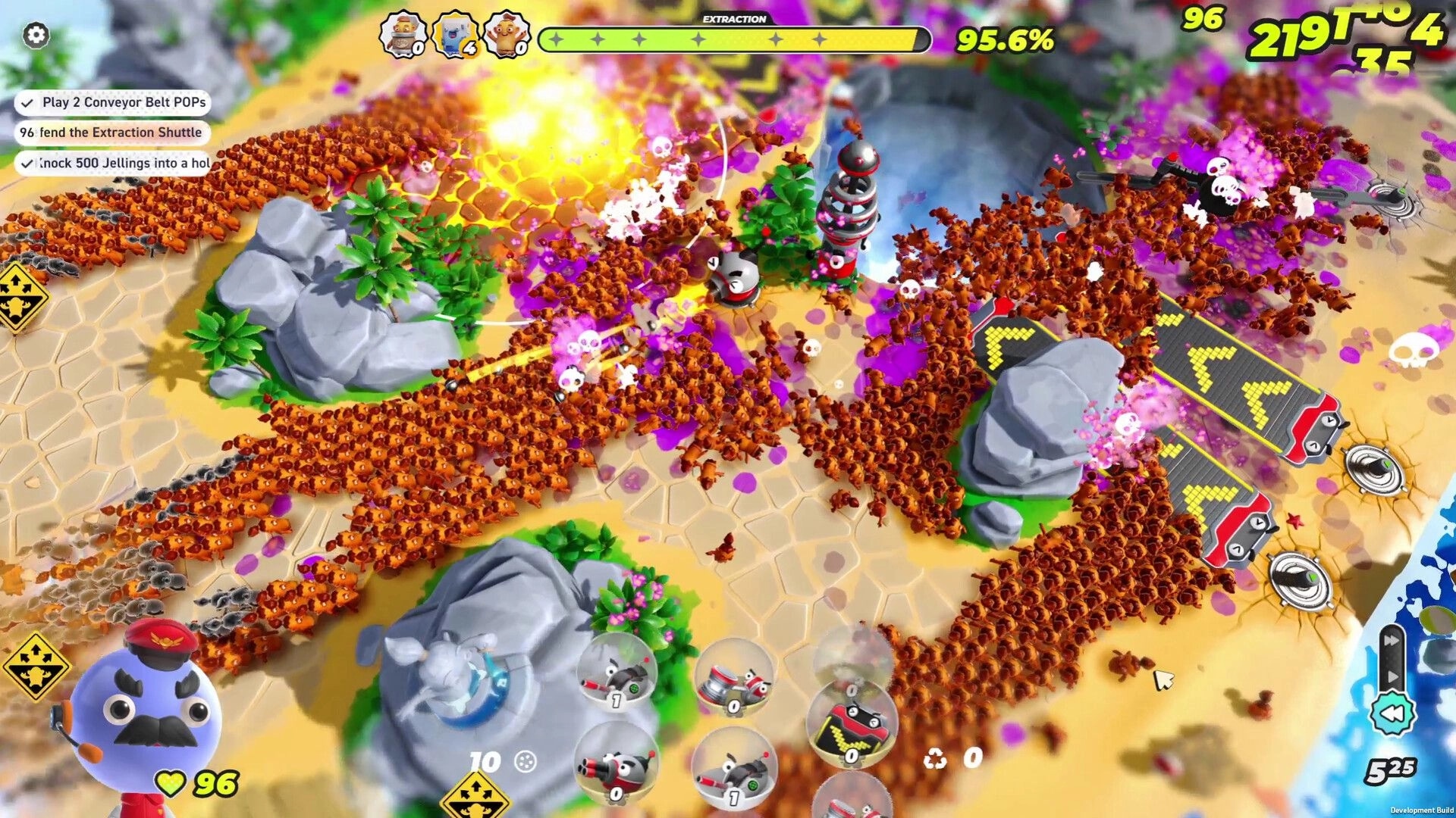 Population Control: Massive Jelling swarm attacks in colorful terrain with active power-ups and UI elements visible.