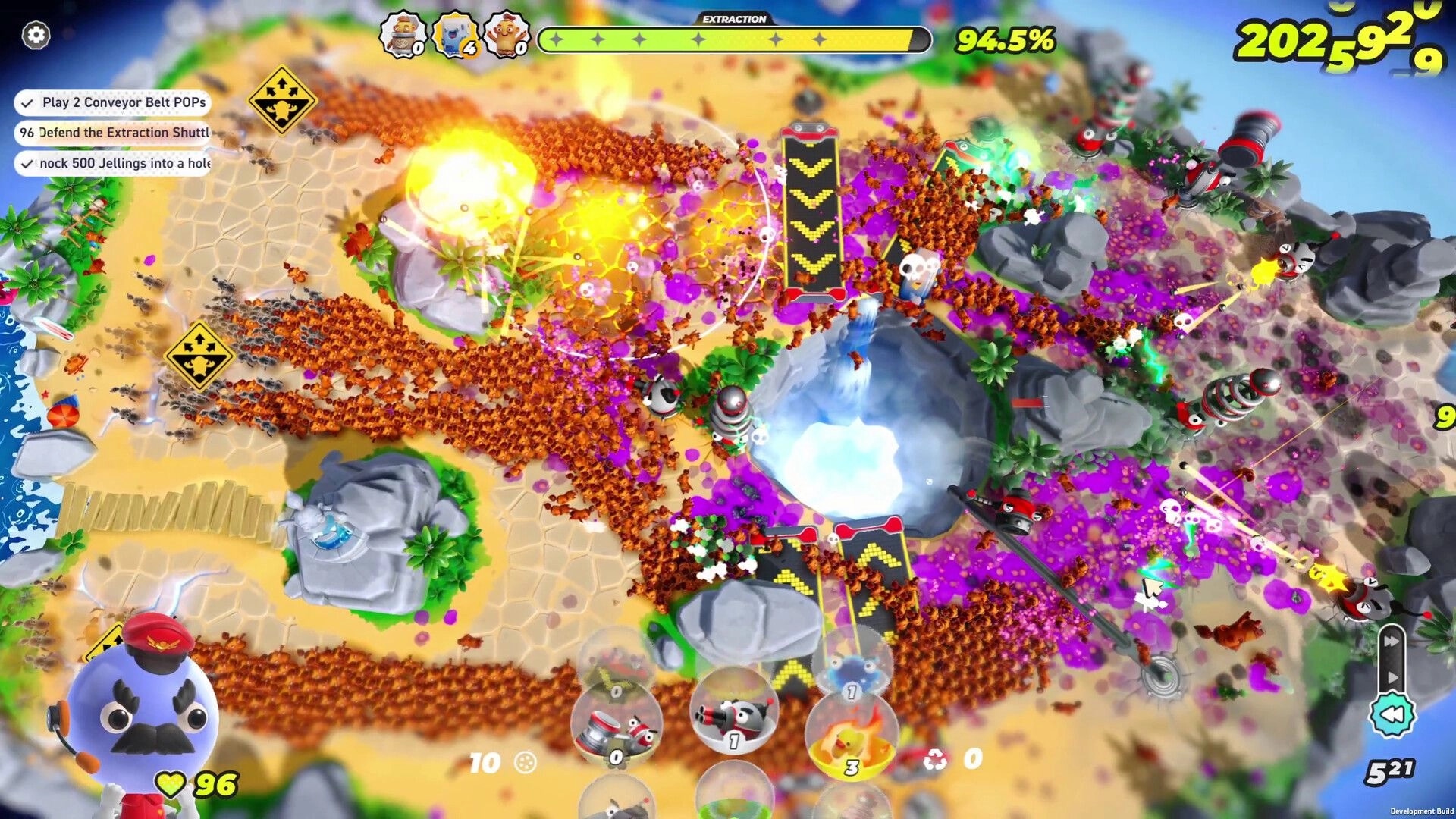 Population Control: Explosive combat with Jellings on a colorful beach, UI shows objectives and stats.