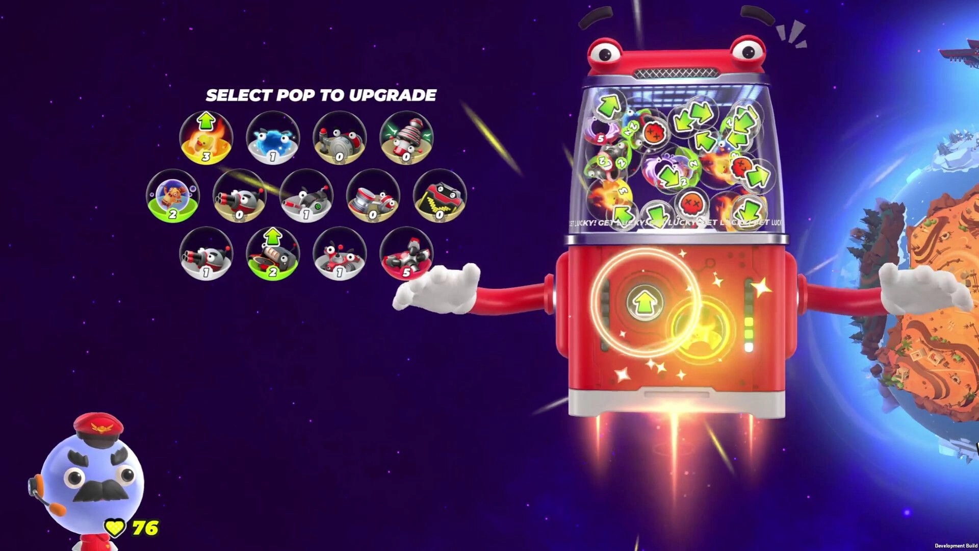 Population Control: Upgrade selection screen with various characters and a giant vending machine in space