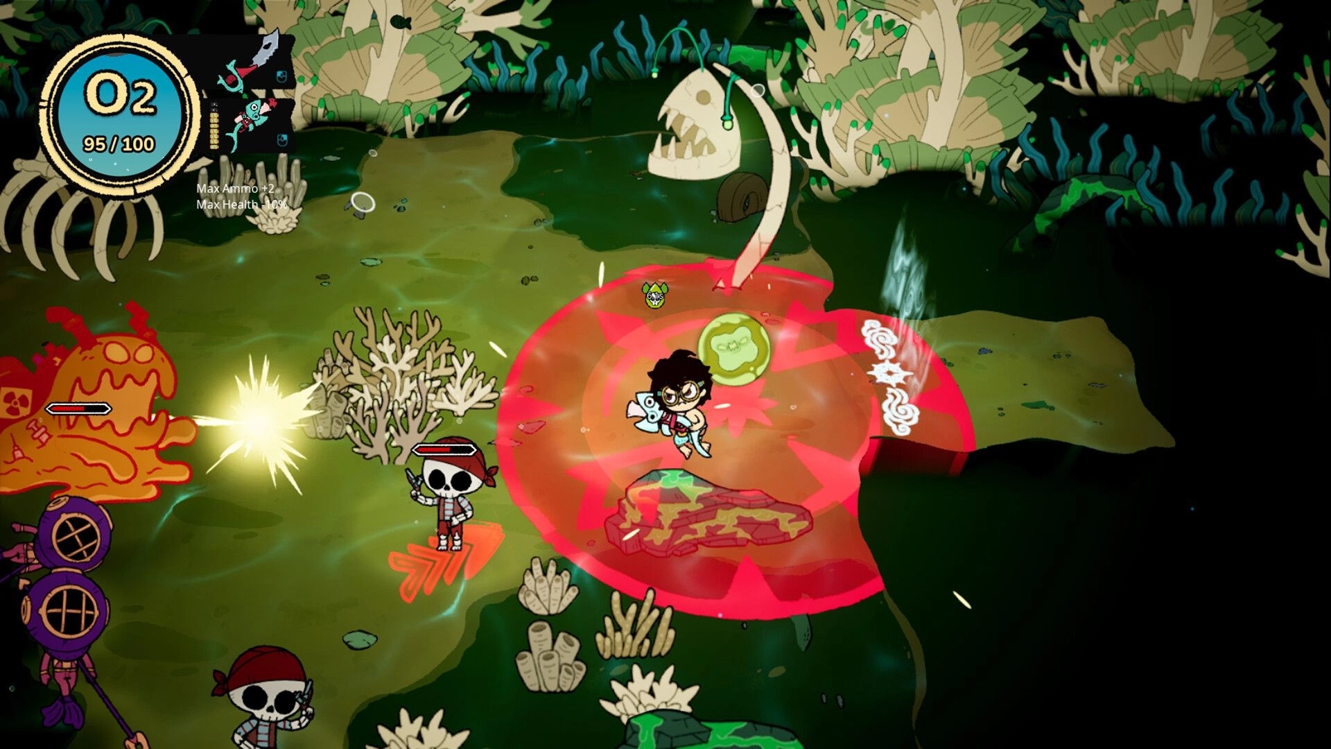 Port of Jumanah: Hero dodges a red AoE as pirates attack in a murky swamp with coral bones and UI gauge.