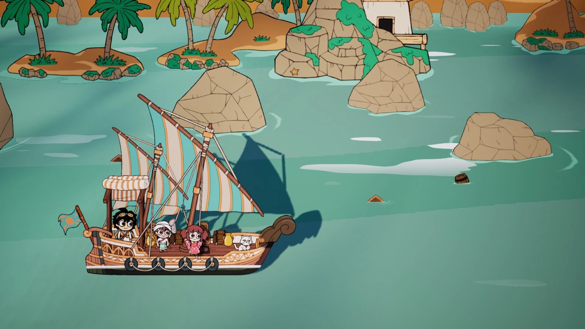Port of Jumanah: Small sailboat with three characters cruising past rocks and palm islets at sea.