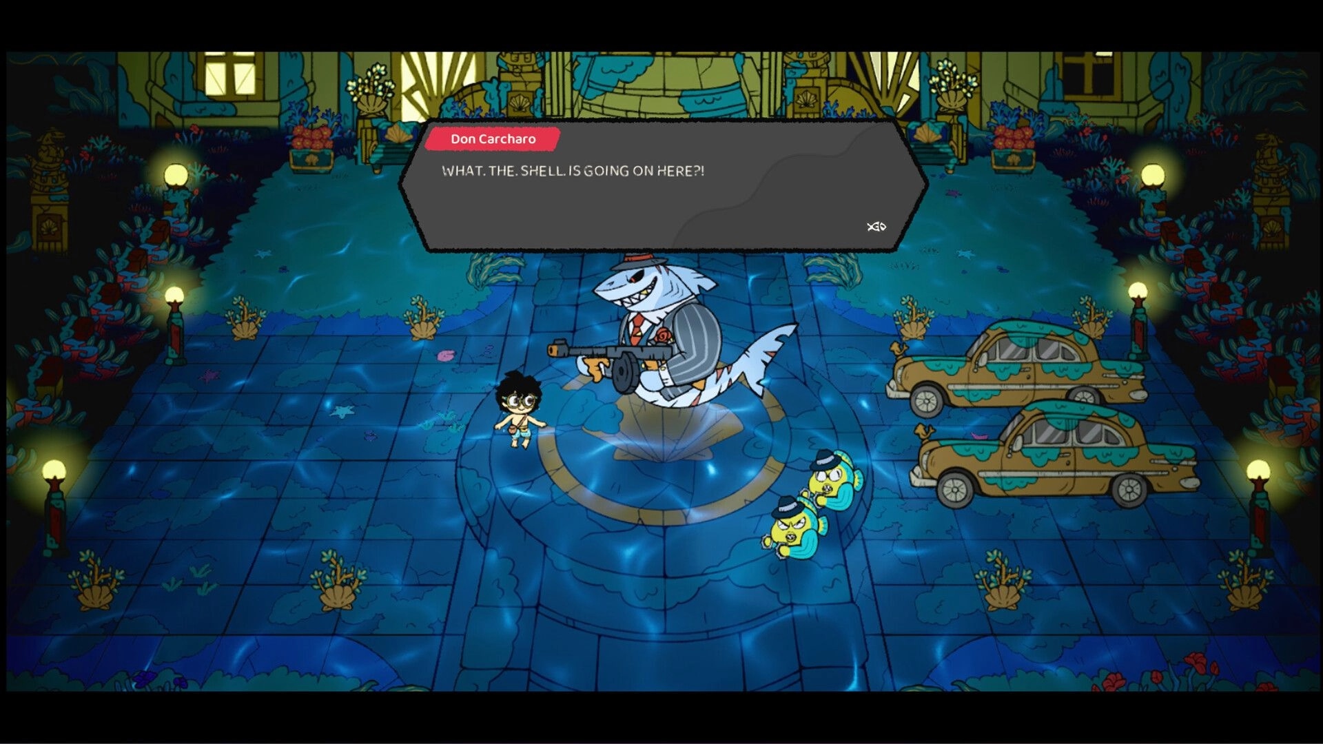 Port of Jumanah: Don Carcharo dialogue box over shark mobster with gun in a flooded courtyard.