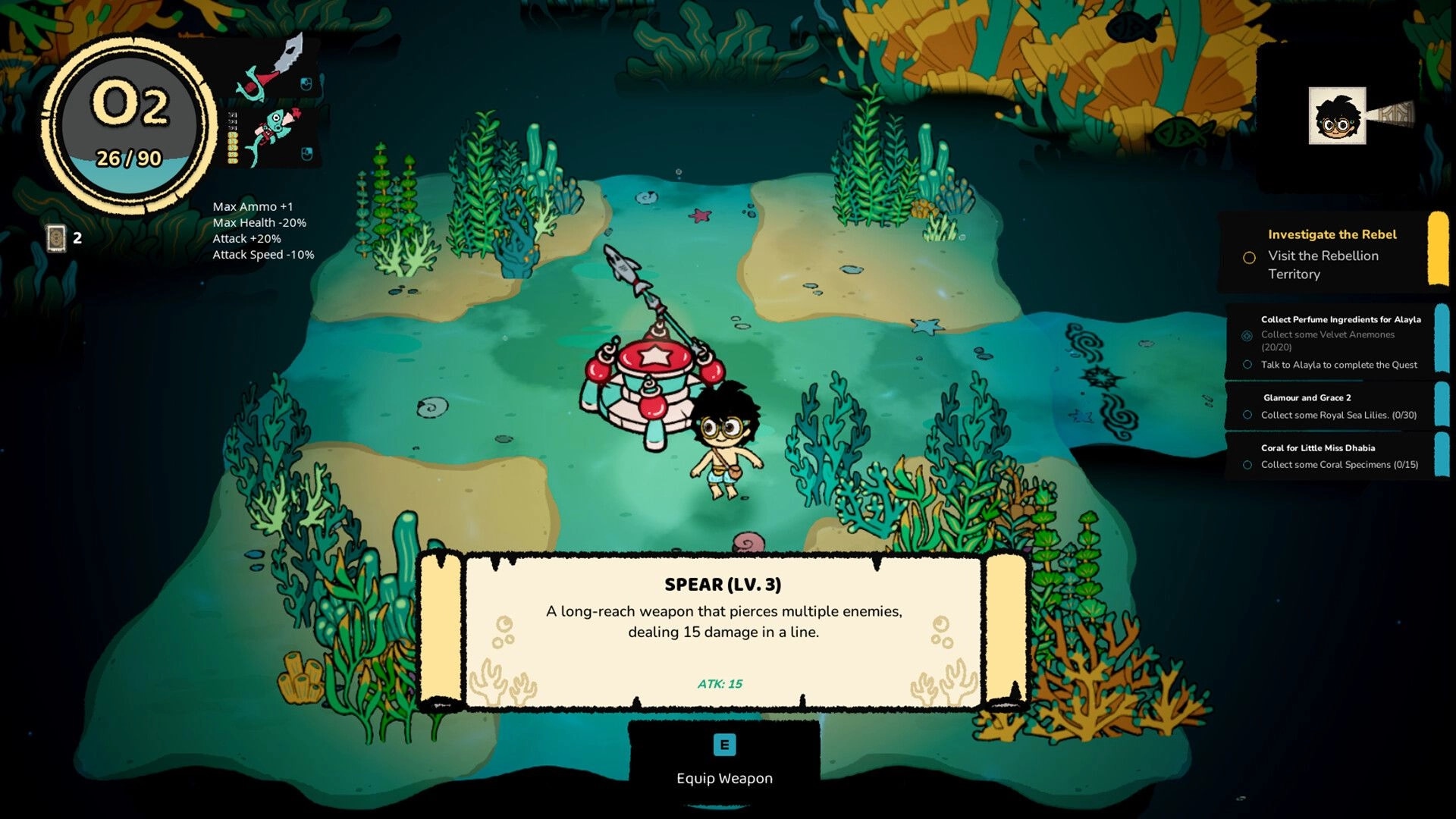 Port of Jumanah: equipping Spear (Lv.3) beside a shrine on a shallow reef with quest UI panels.