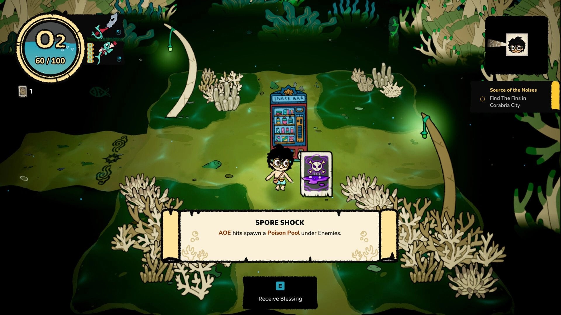 Port of Jumanah: Player picks Spore Shock blessing card near snack bar in glowing coral grove hub.