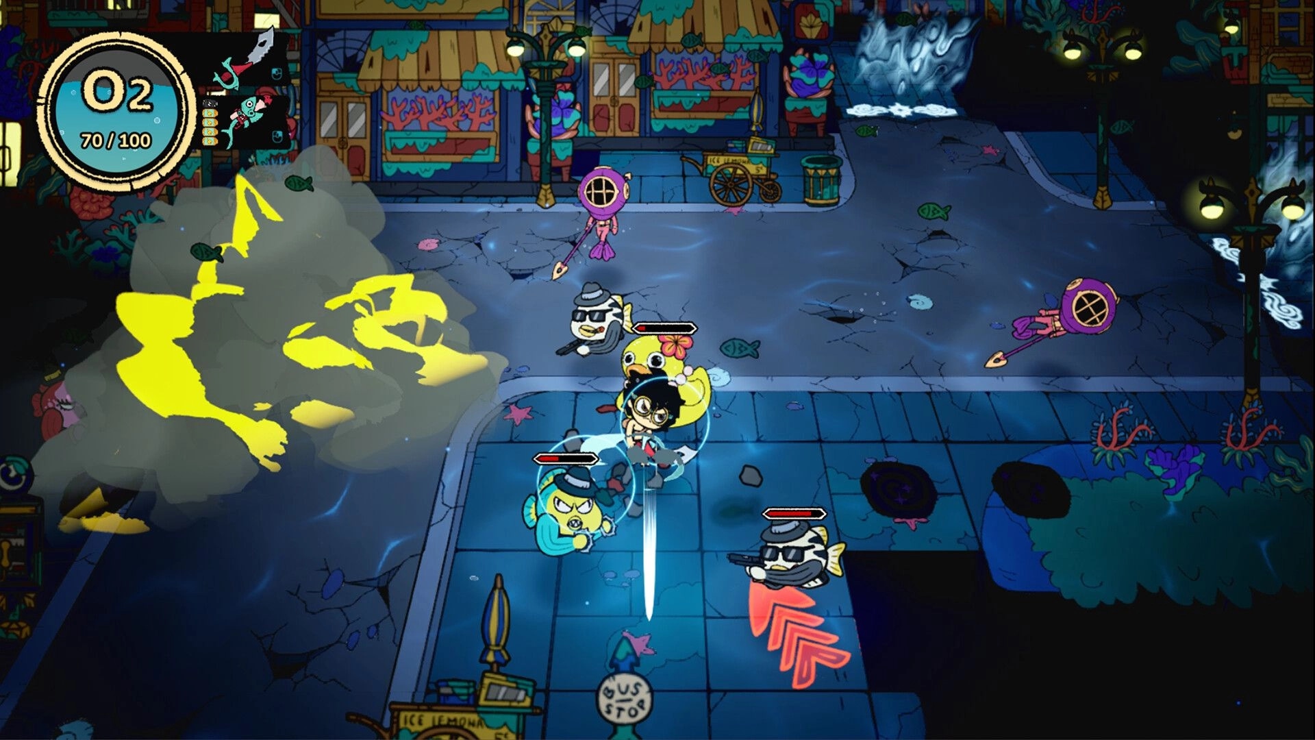 Port of Jumanah: Hero slashes fish gangsters as a bomb cloud erupts on a neon dock street at night.