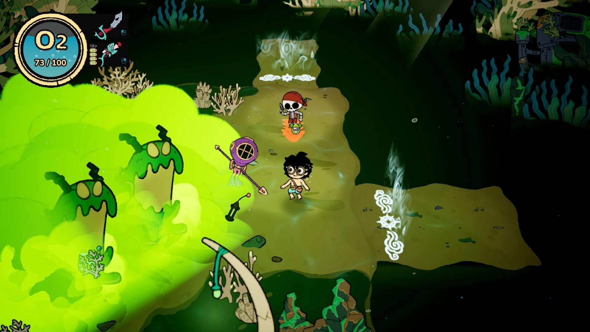 Port of Jumanah: Player faces green slime foes near a skull NPC on a dark coral cavern path.