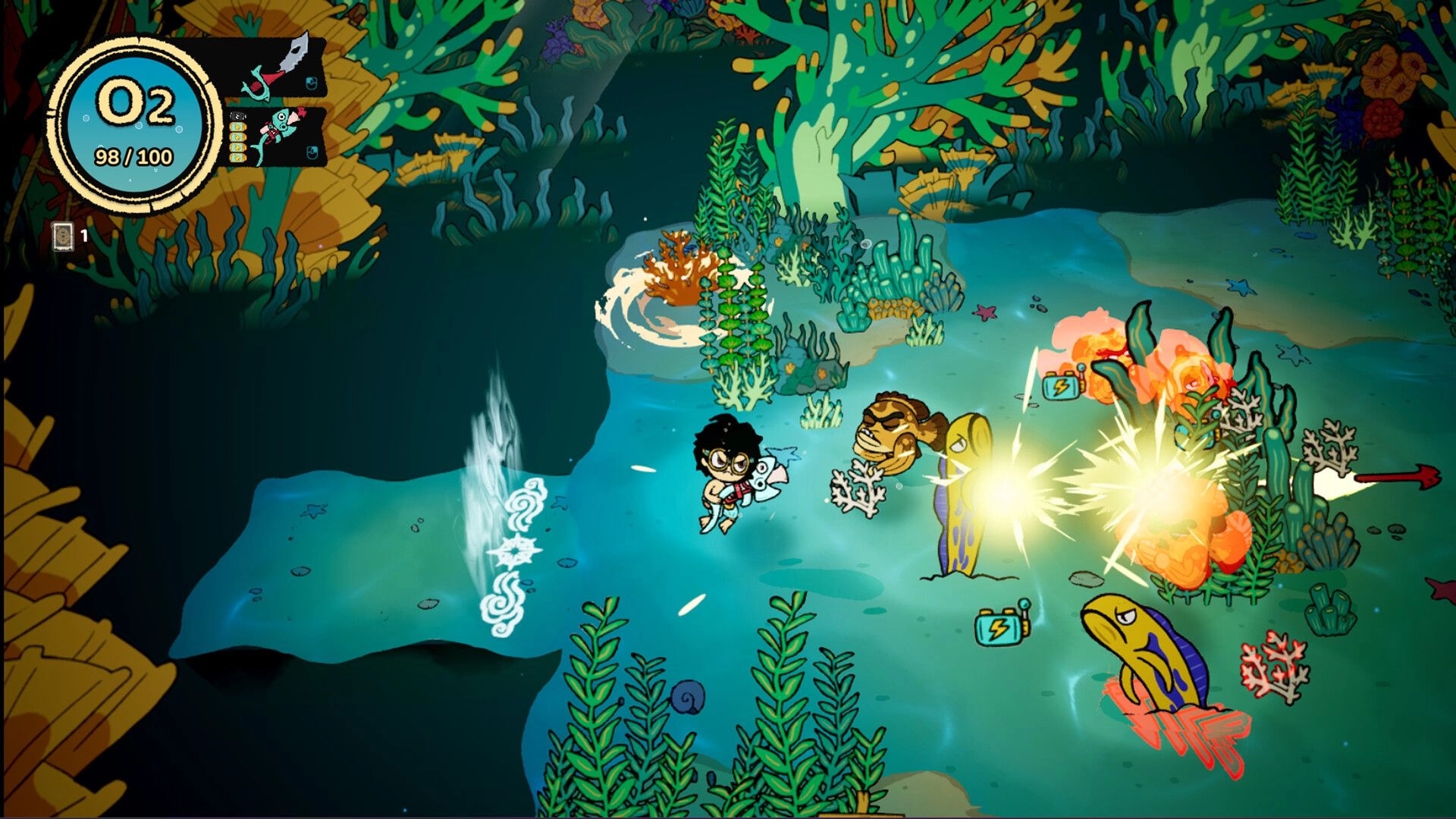Port of Jumanah: Underwater combat with fish enemies and explosions amid coral reef and UI meter top left.