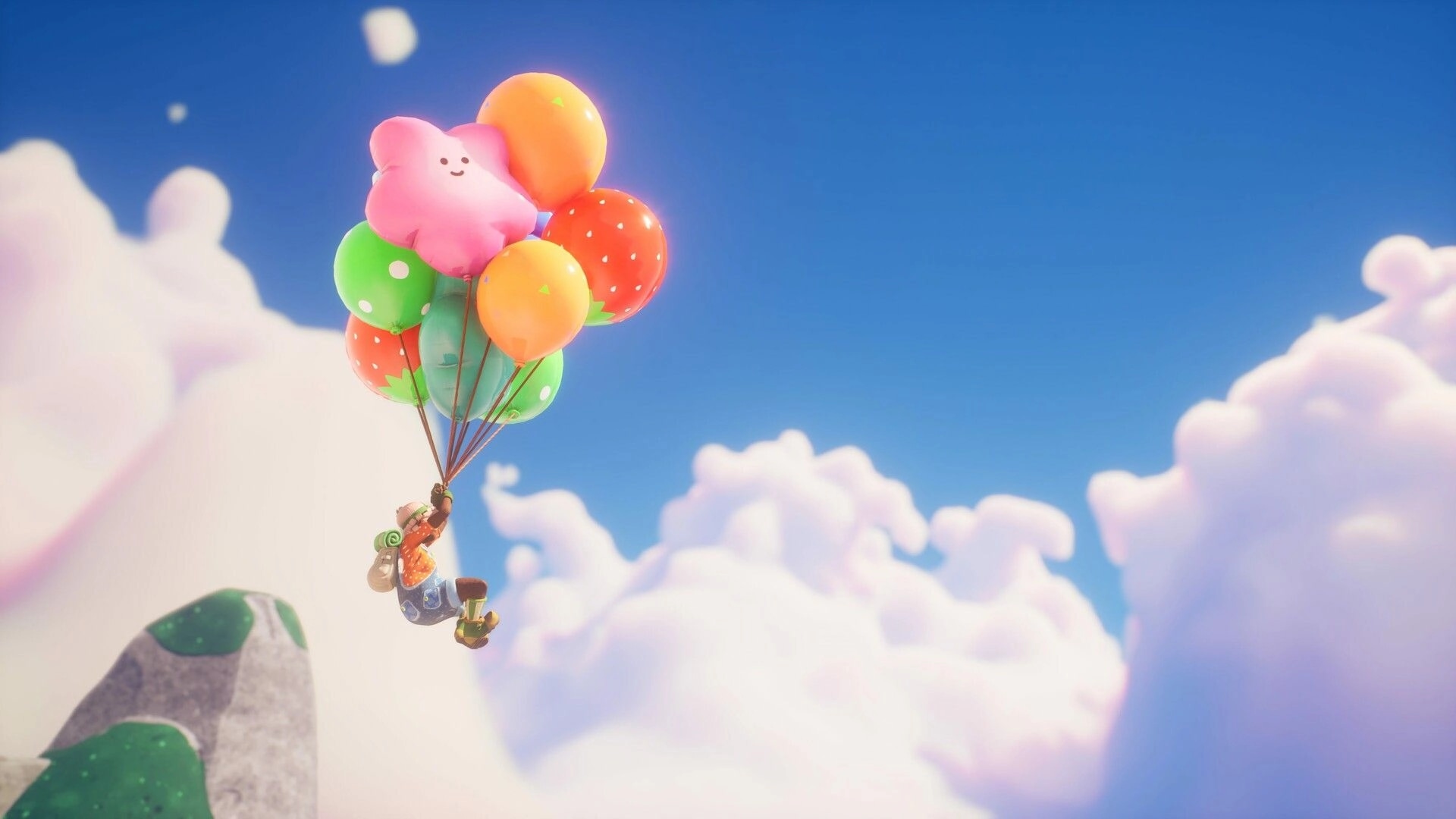 Portabellows: Player character drifting with colorful balloons above fluffy clouds and blue sky.