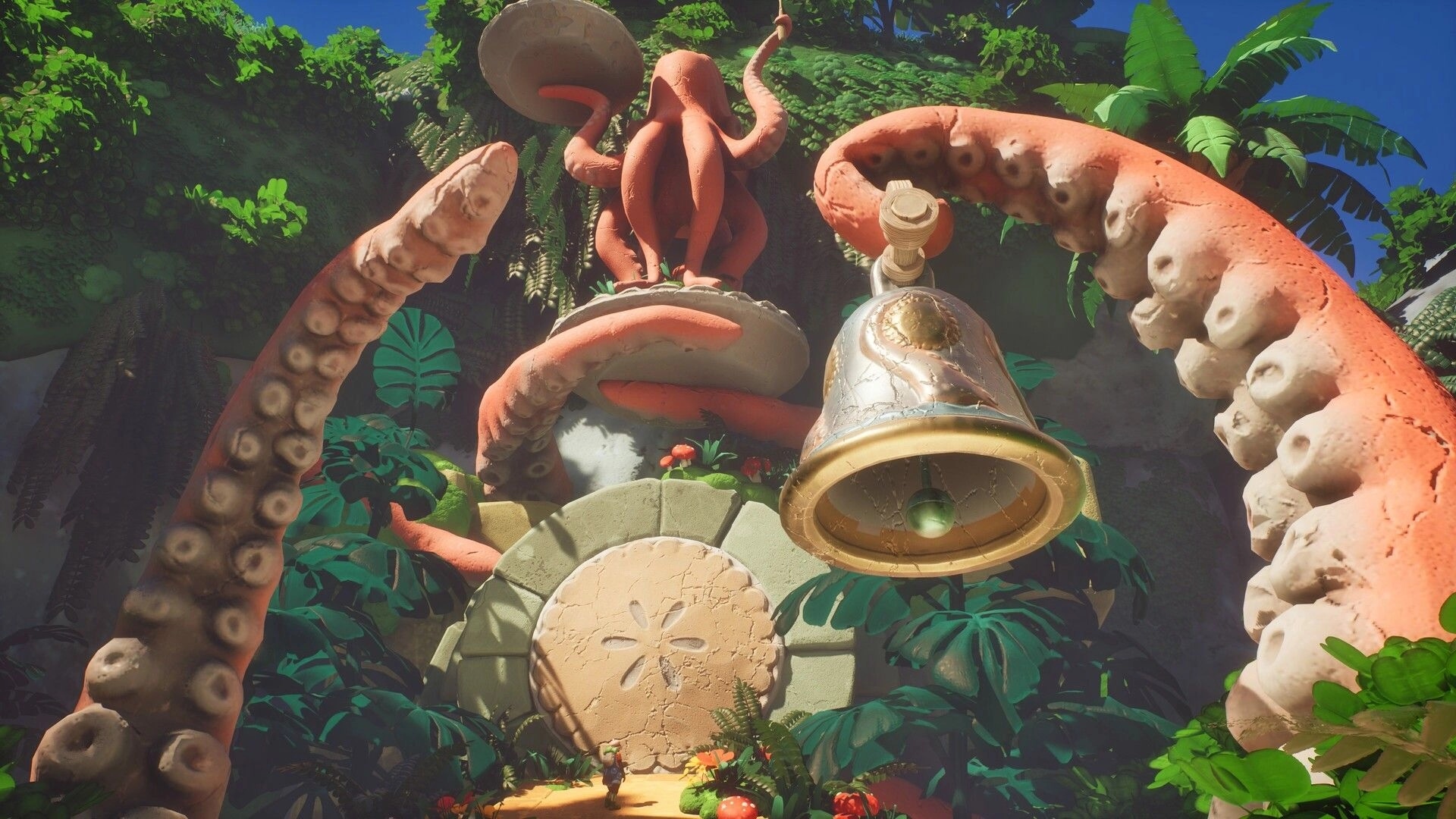 Portabellows: Giant octopus statue with curling tentacles and hanging bell in lush jungle ruins.