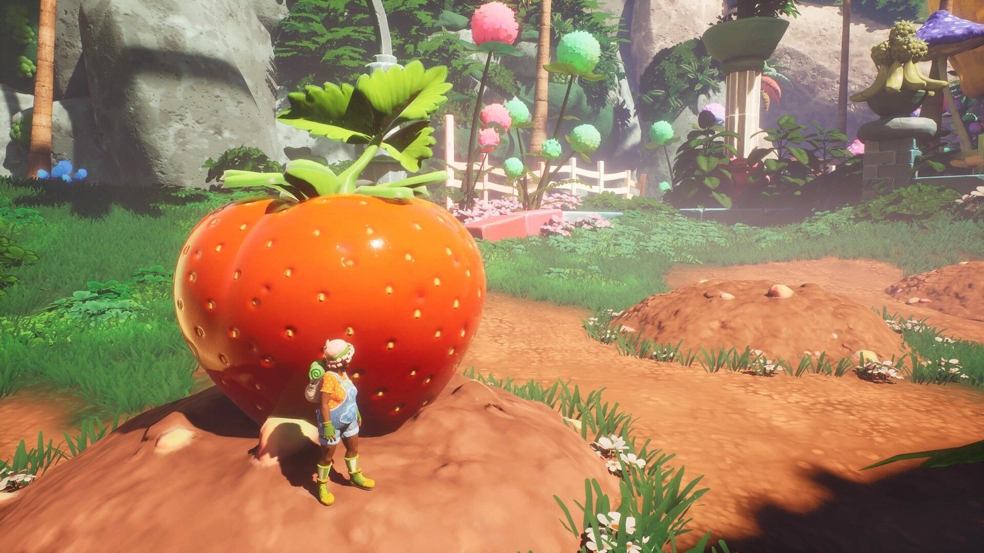 Portabellows: Player stands beside a giant strawberry on a sunny garden path with fences and trees.
