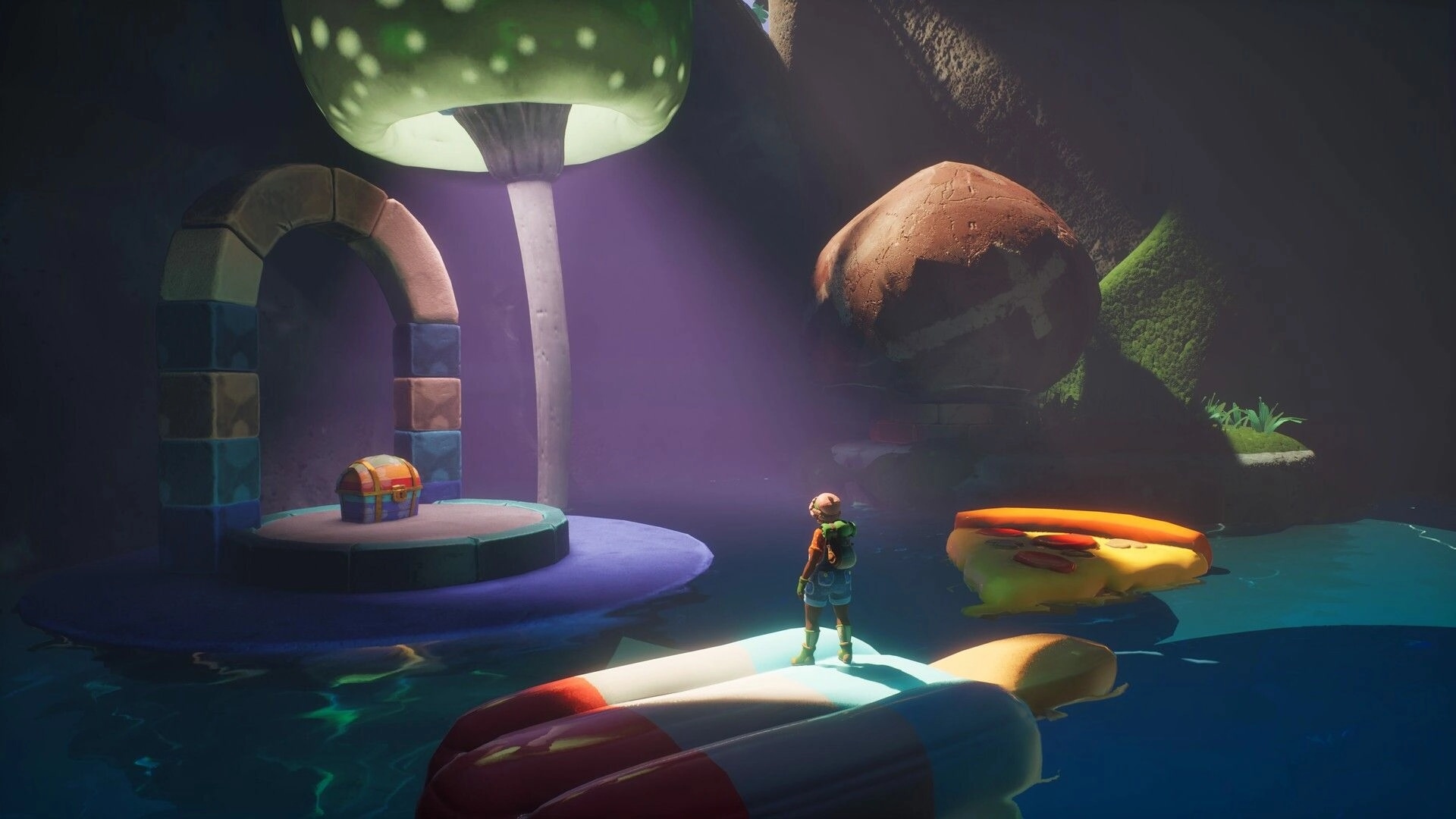 Portabellows: Player stands on floating candy raft facing chest by arch in misty cave lagoon.