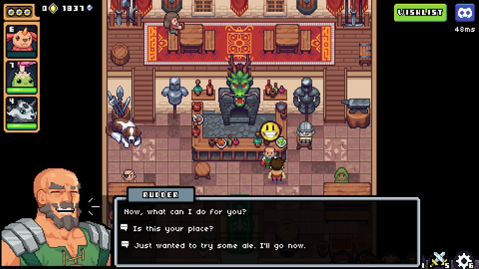Portal Fantasy: Tavern scene with Rudder dialog options and creature inventory on the left.