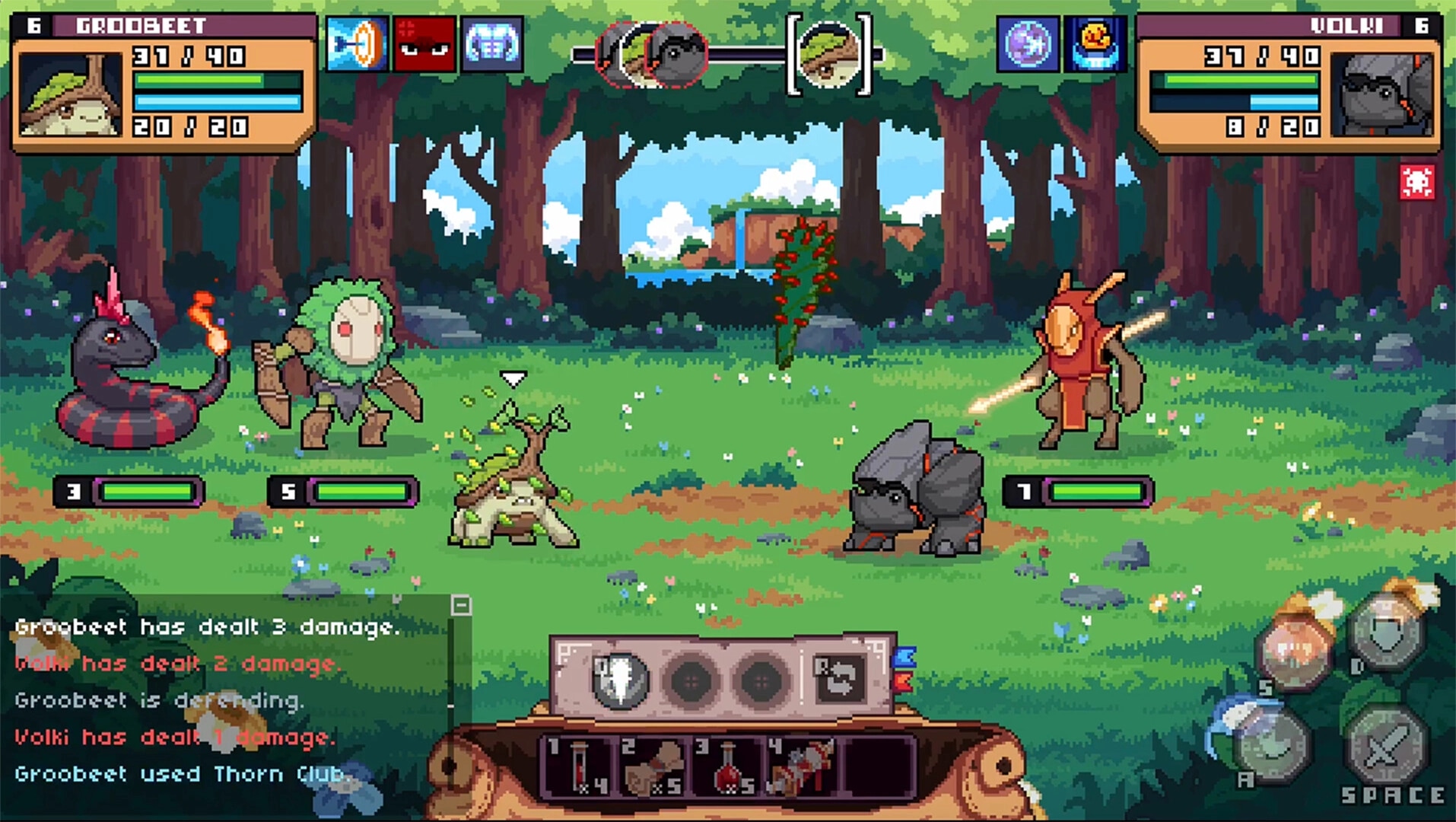 Portal Fantasy: Groobeet and Volki in forest combat, health bars and action menu displayed