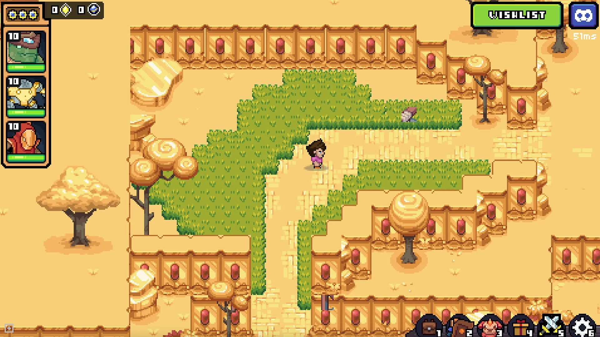 Portal Fantasy: Player navigating desert ruins with character selection and wishlist UI elements visible