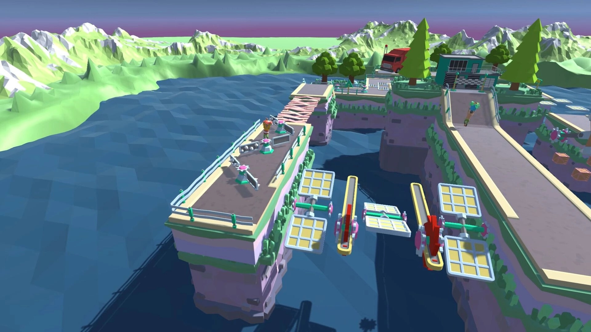 PORTERS: Characters carry a large box across a moving drawbridge in a colorful city environment.