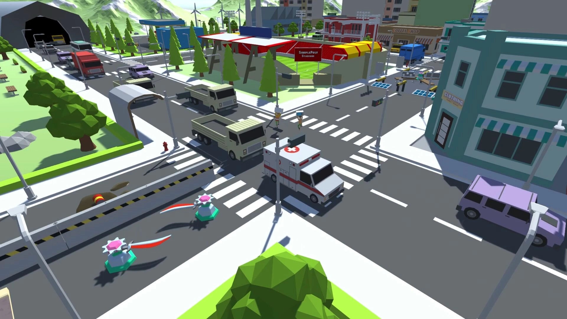 PORTERS: Two characters carrying items across a busy intersection with vehicles and buildings in a city.