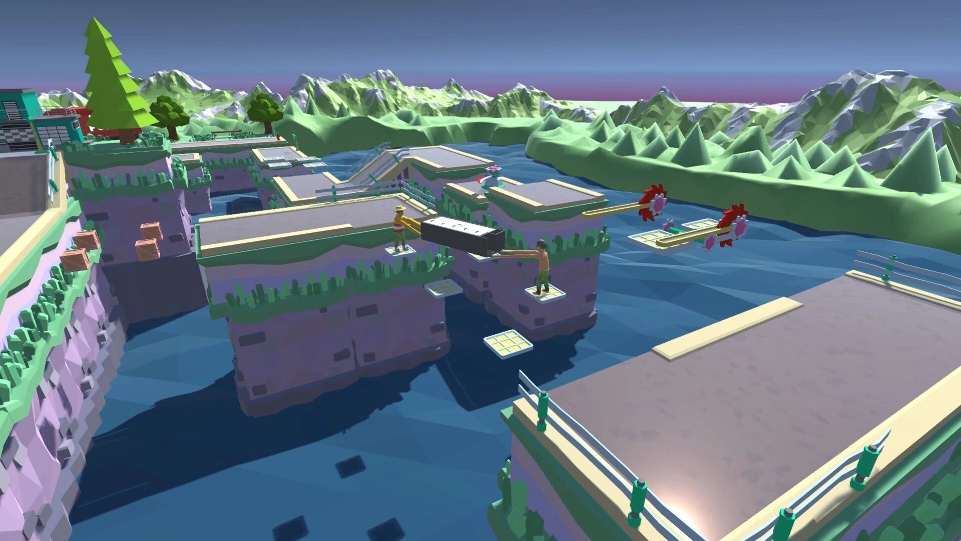 PORTERS: Two players maneuver a couch across platforms over water in a colorful, mountainous landscape.