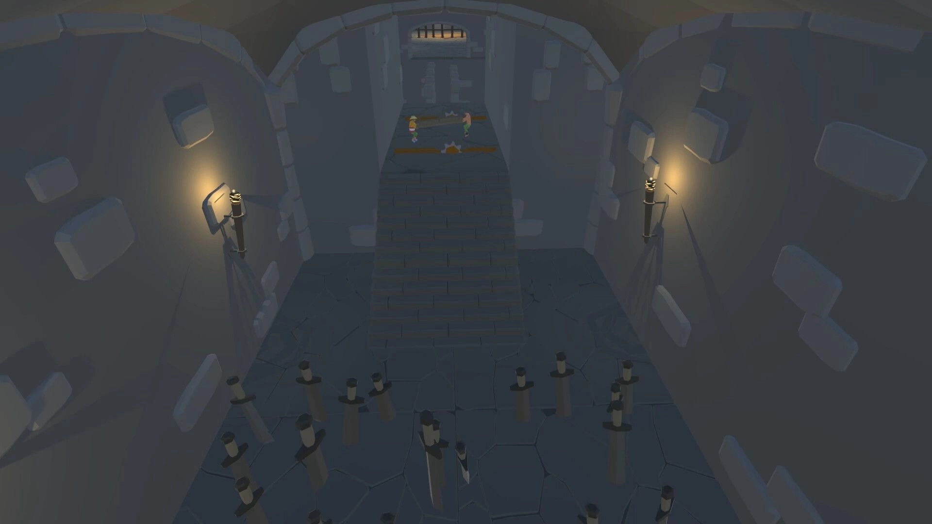 PORTERS: Two characters carrying planks up a dimly lit stone stairway in a cavernous dungeon setting.