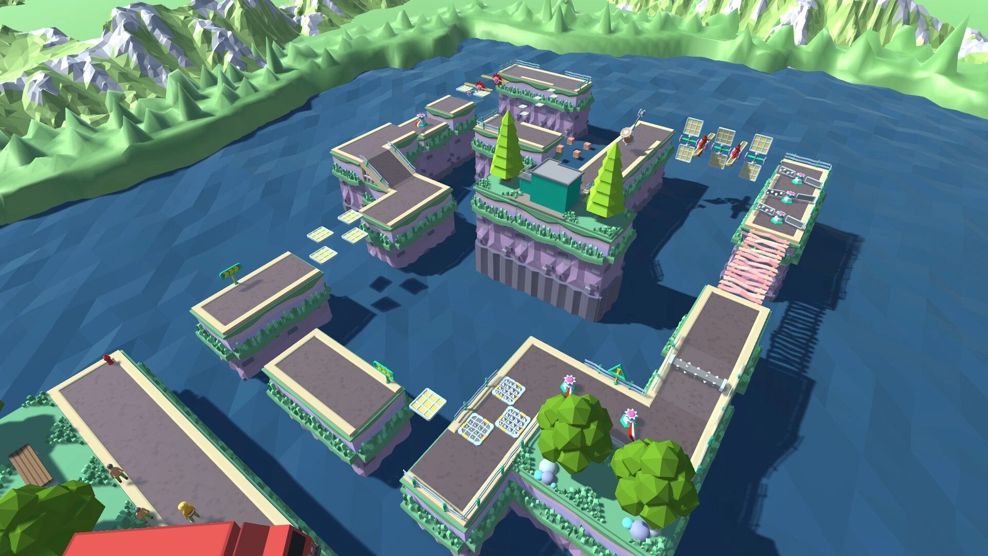 PORTERS: Isometric view of floating platforms with players navigating obstacles over water.