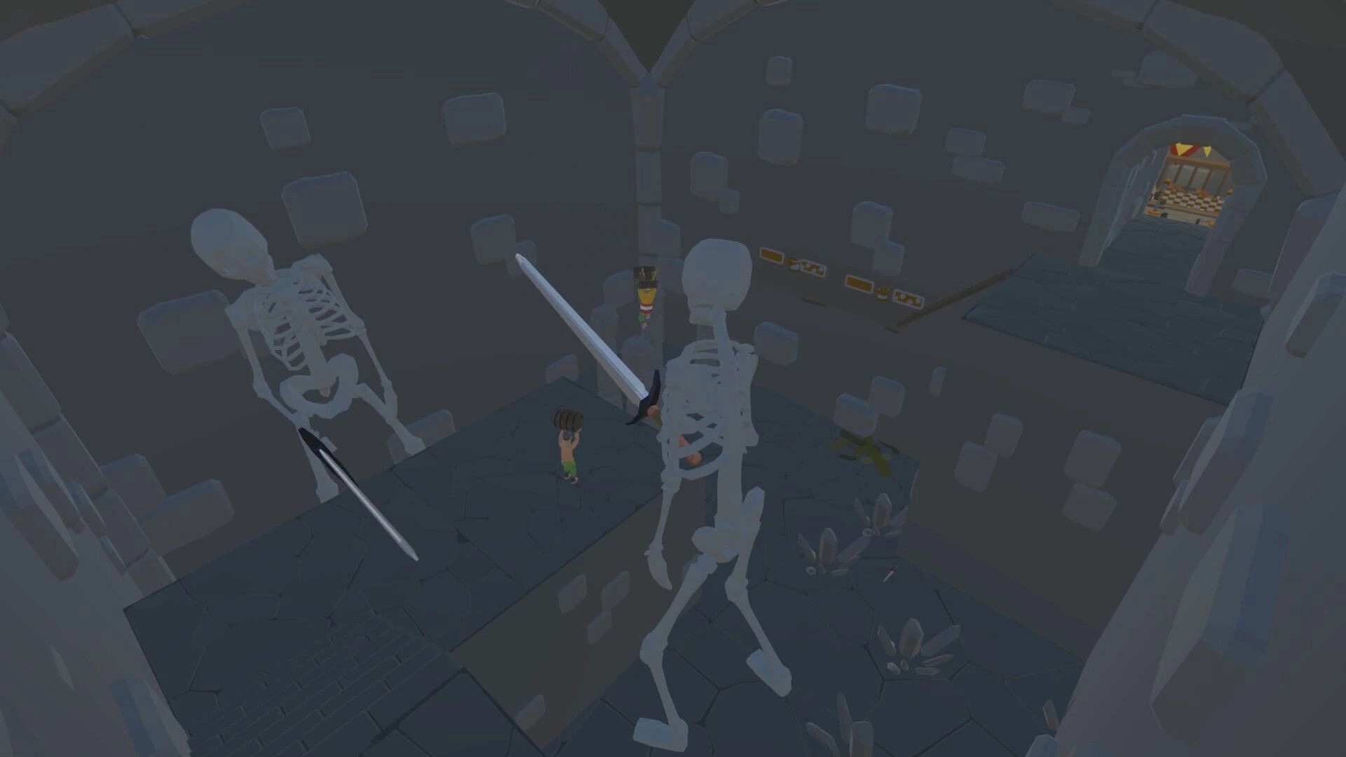 PORTERS: Characters face giant skeletons in a dark dungeon with stone walls and scattered crystals.