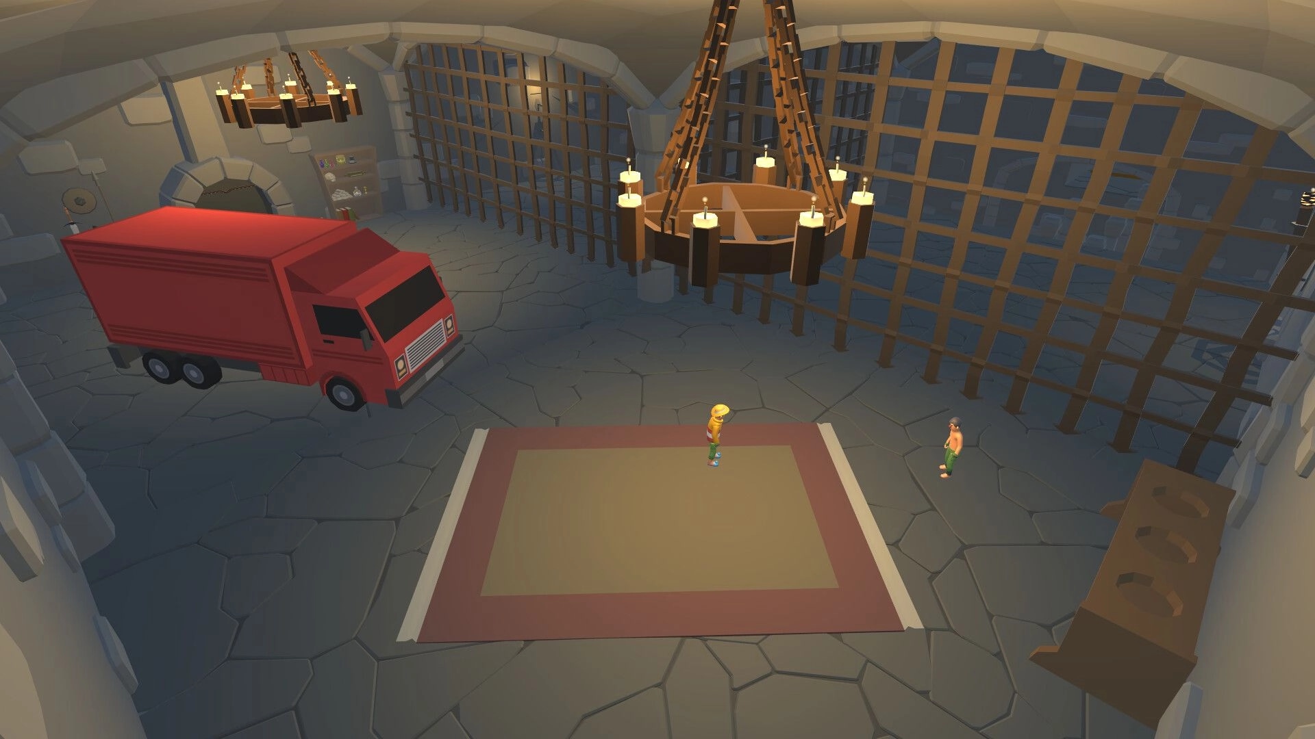 PORTERS: Two porters in a warehouse with a red truck and large chandelier overhead