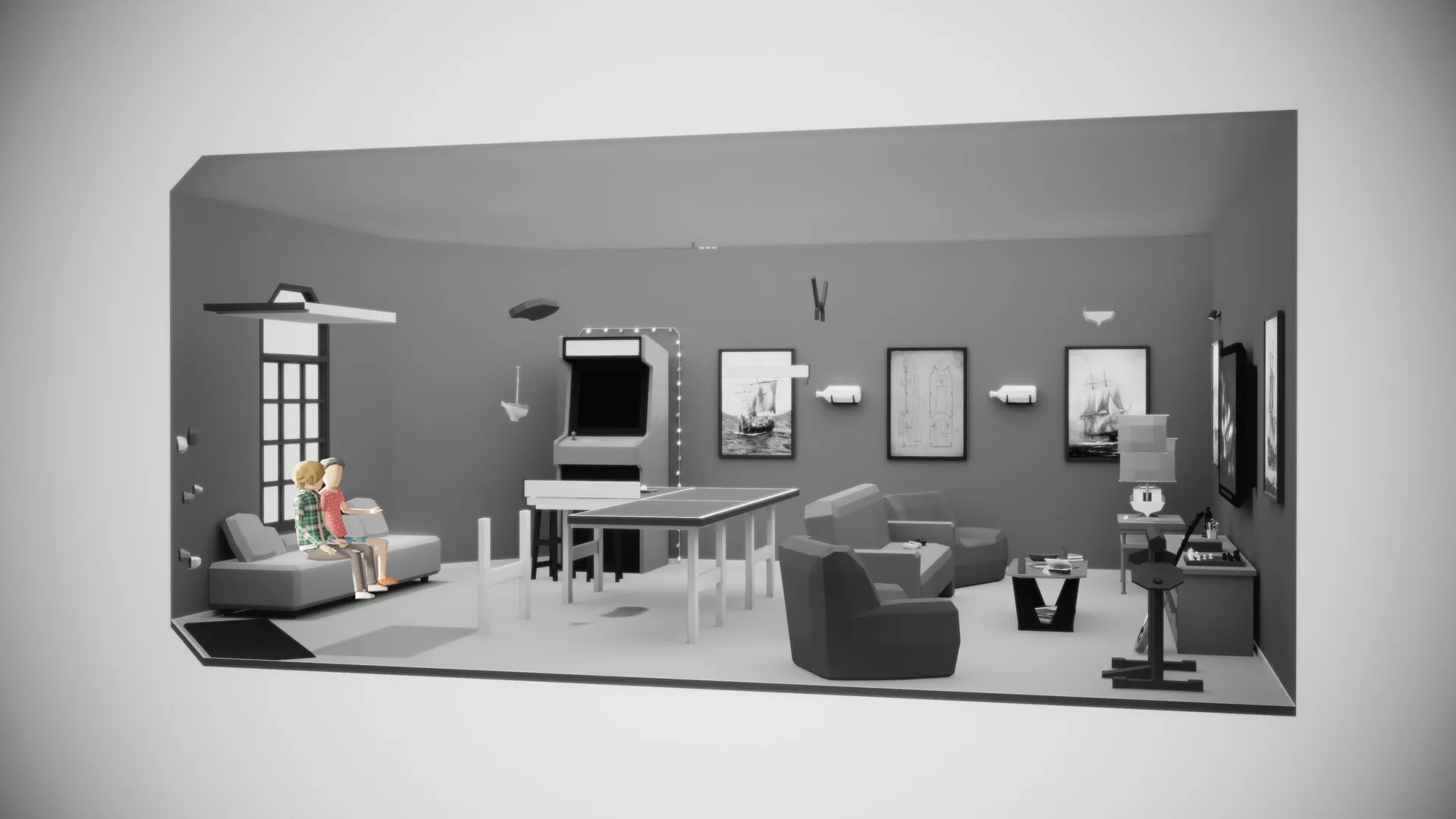 Possessions: Two characters sitting on a couch in a minimalist room with arcade and table tennis.