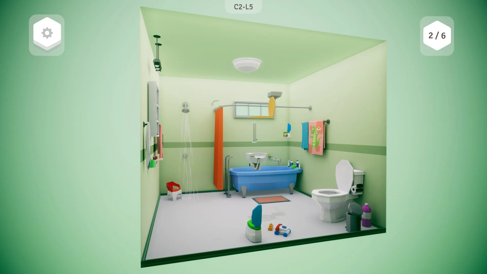Possessions: Bathroom puzzle scene with shower, sink, toilet, and scattered toys in a minimalist design.
