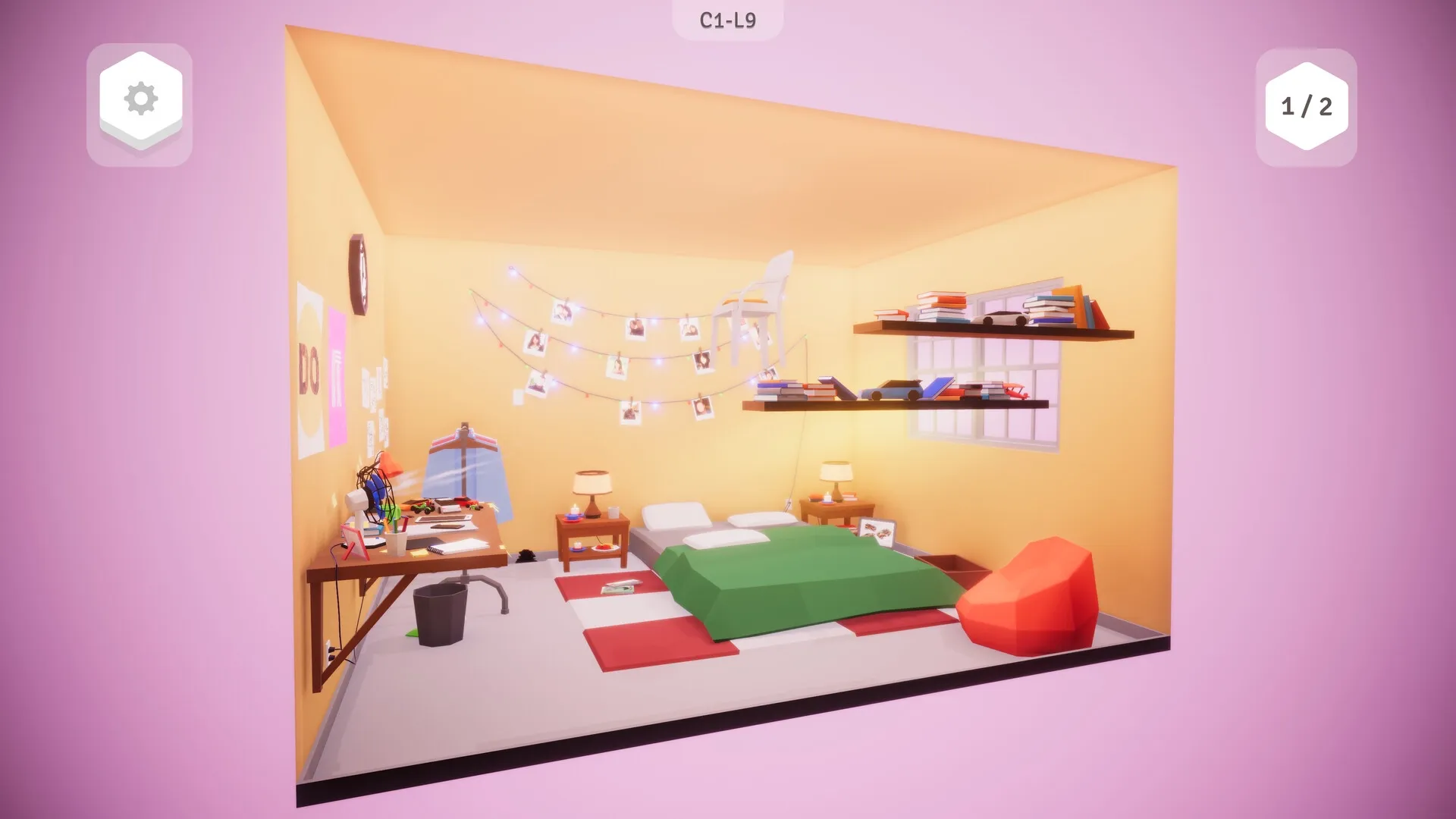 Possessions: Bedroom scene with floating chair, desk clutter, and wall photos in a minimalist 3D style
