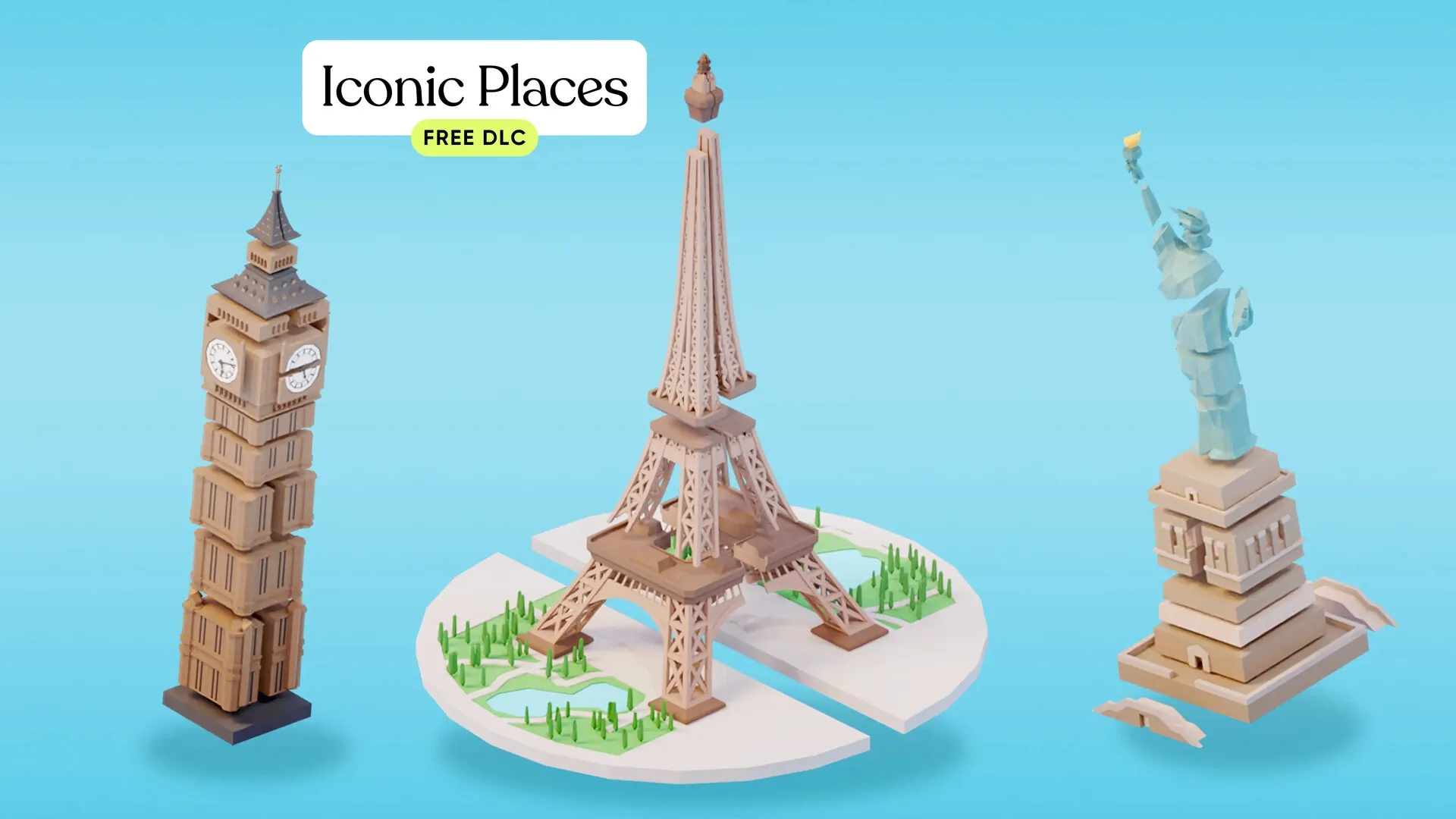 Possessions: Iconic landmarks including Eiffel Tower, Big Ben, and Statue of Liberty in minimalist 3D.