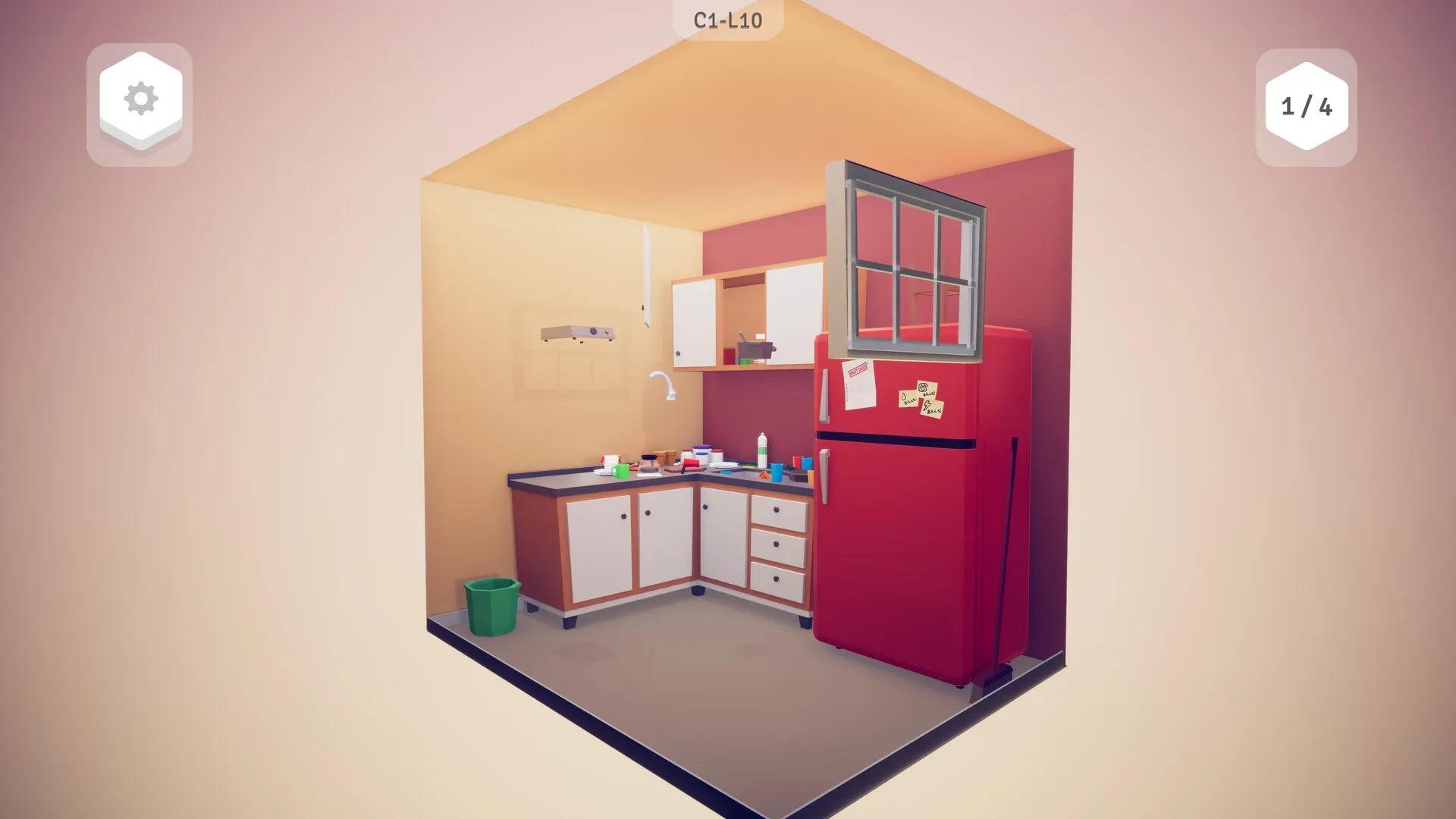 Possessions: Minimalist kitchen with red fridge, open cabinets, and scattered utensils in a 3D puzzle space