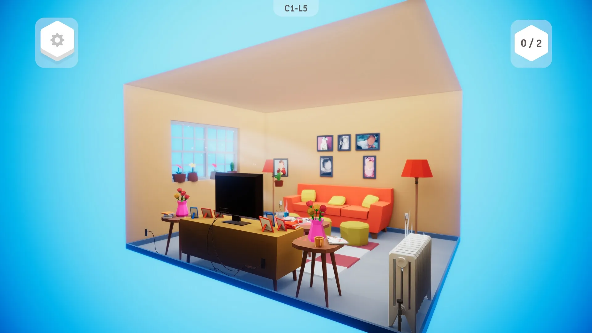 Possessions: Living room puzzle with colorful furniture, TV, wall art, and UI showing settings and progress