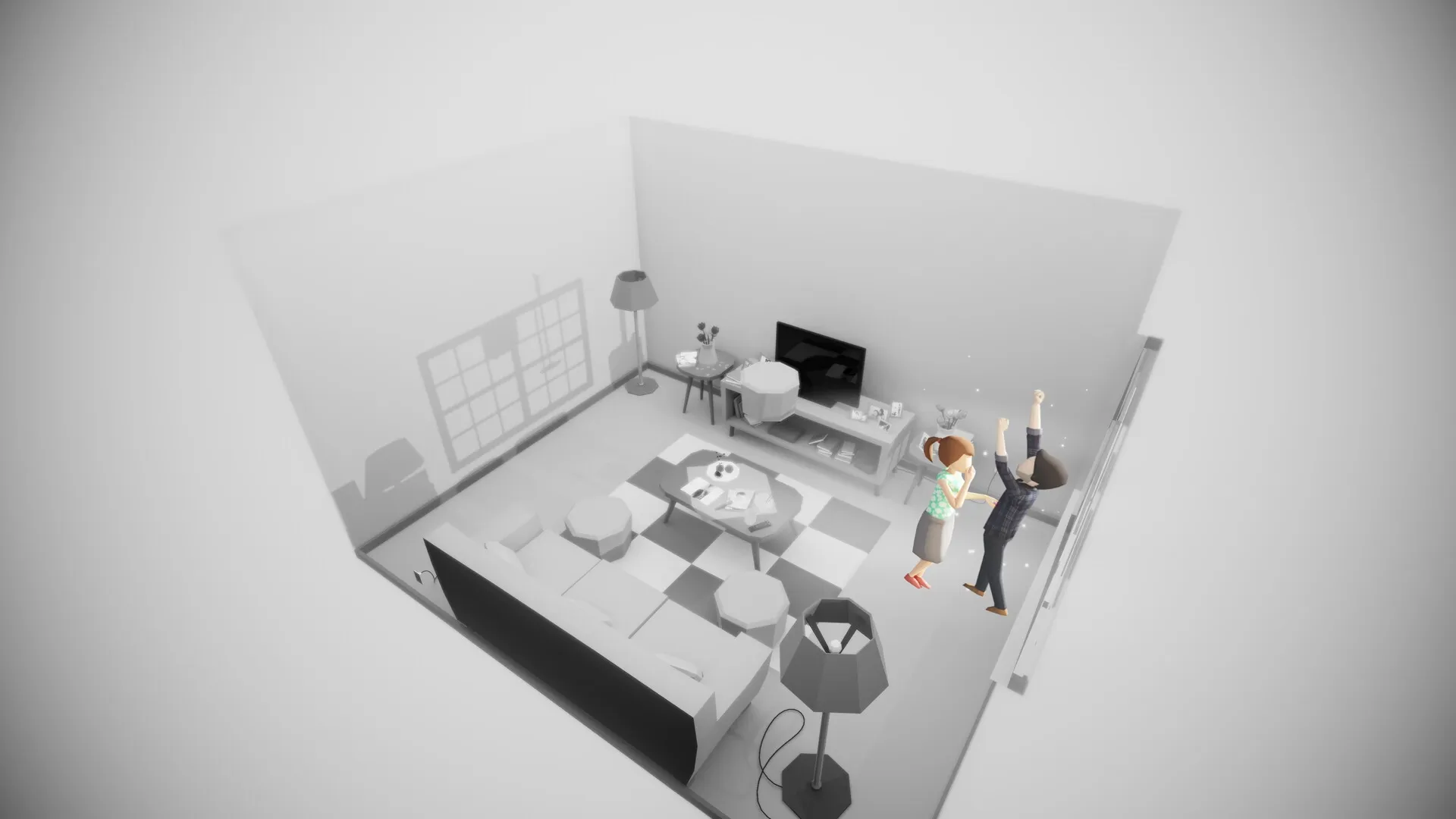 Possessions: Two characters celebrating in a minimalist living room with furniture and decor elements
