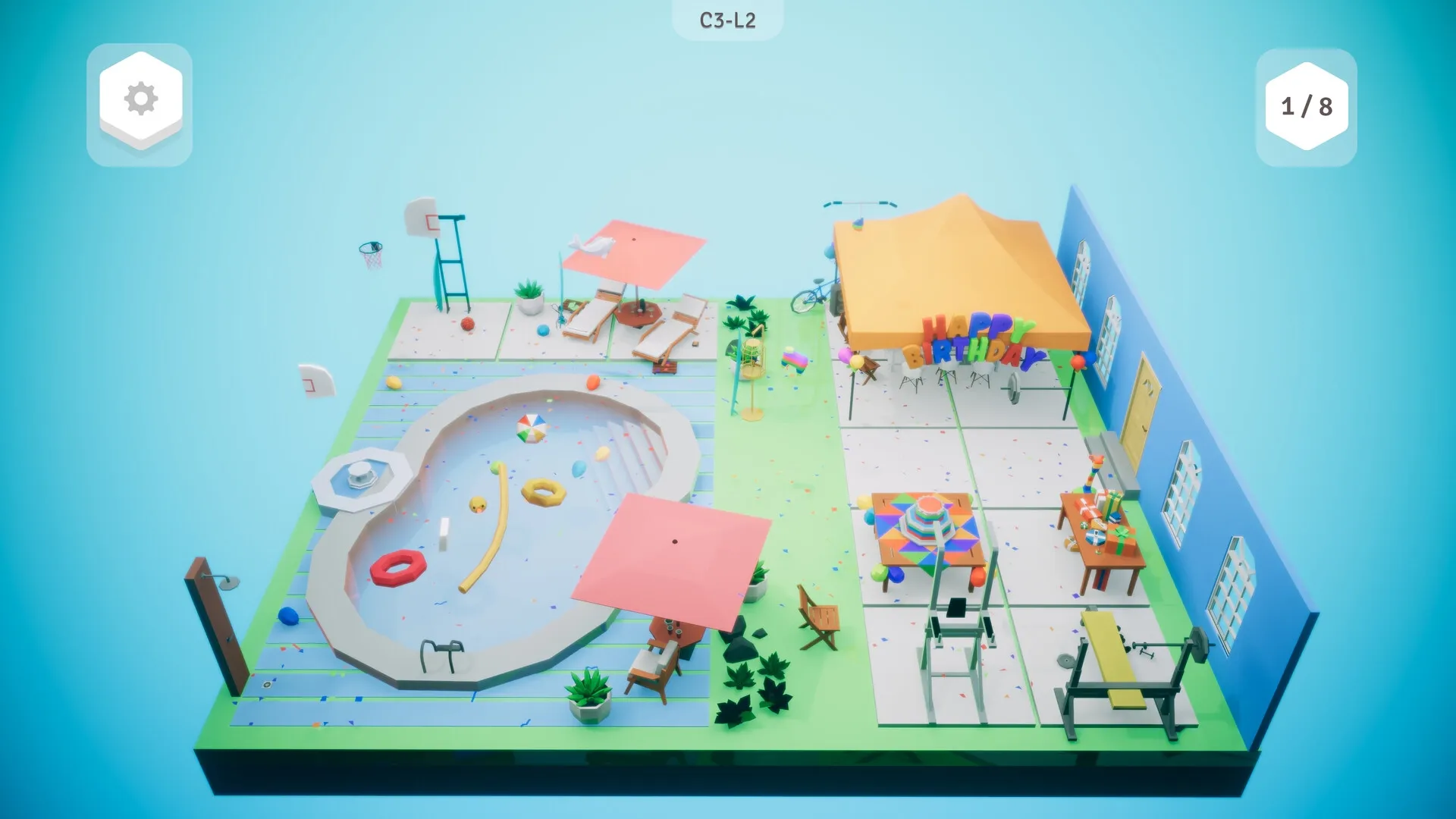 Possessions: Poolside birthday setup with lounge chairs, balloons, and confetti in a vibrant backyard scene.