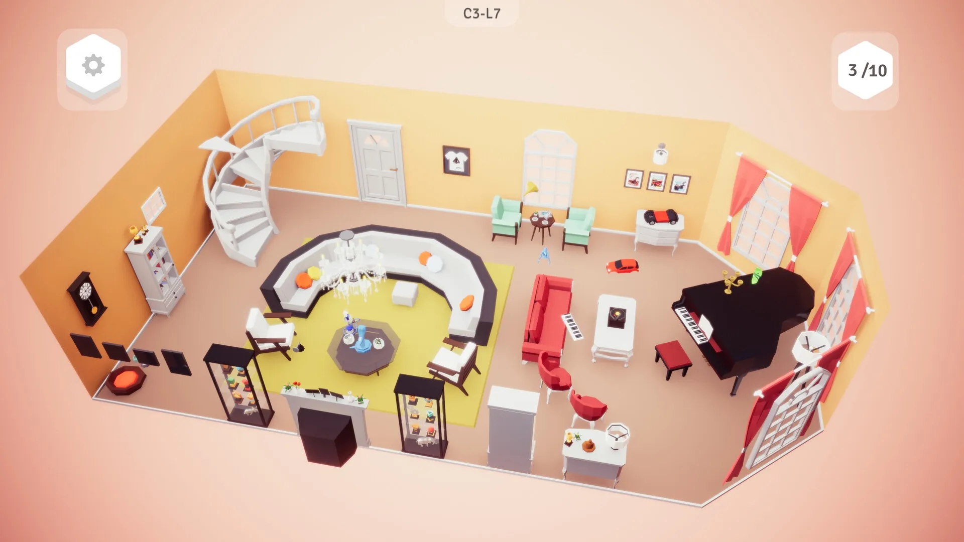 Possessions: Minimalist living room with spiral staircase, grand piano, and various furniture arrangement