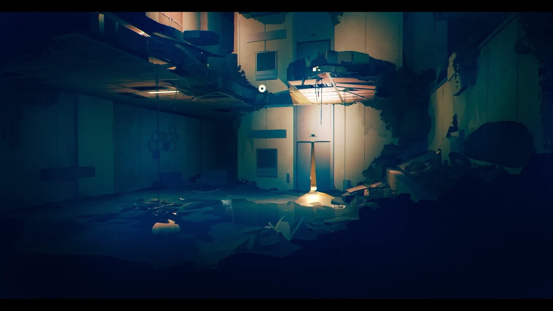 Possessor(s): Dimly lit room with debris, broken ceiling, and a glowing exit door in a flooded building