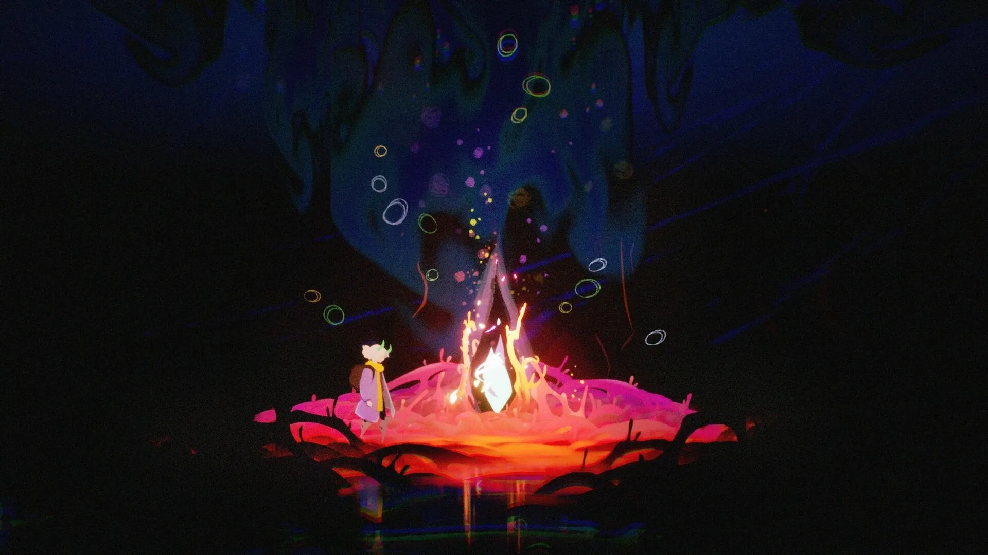 Possessor(s): Character near a glowing campfire with surreal colors in a dark, mysterious environment