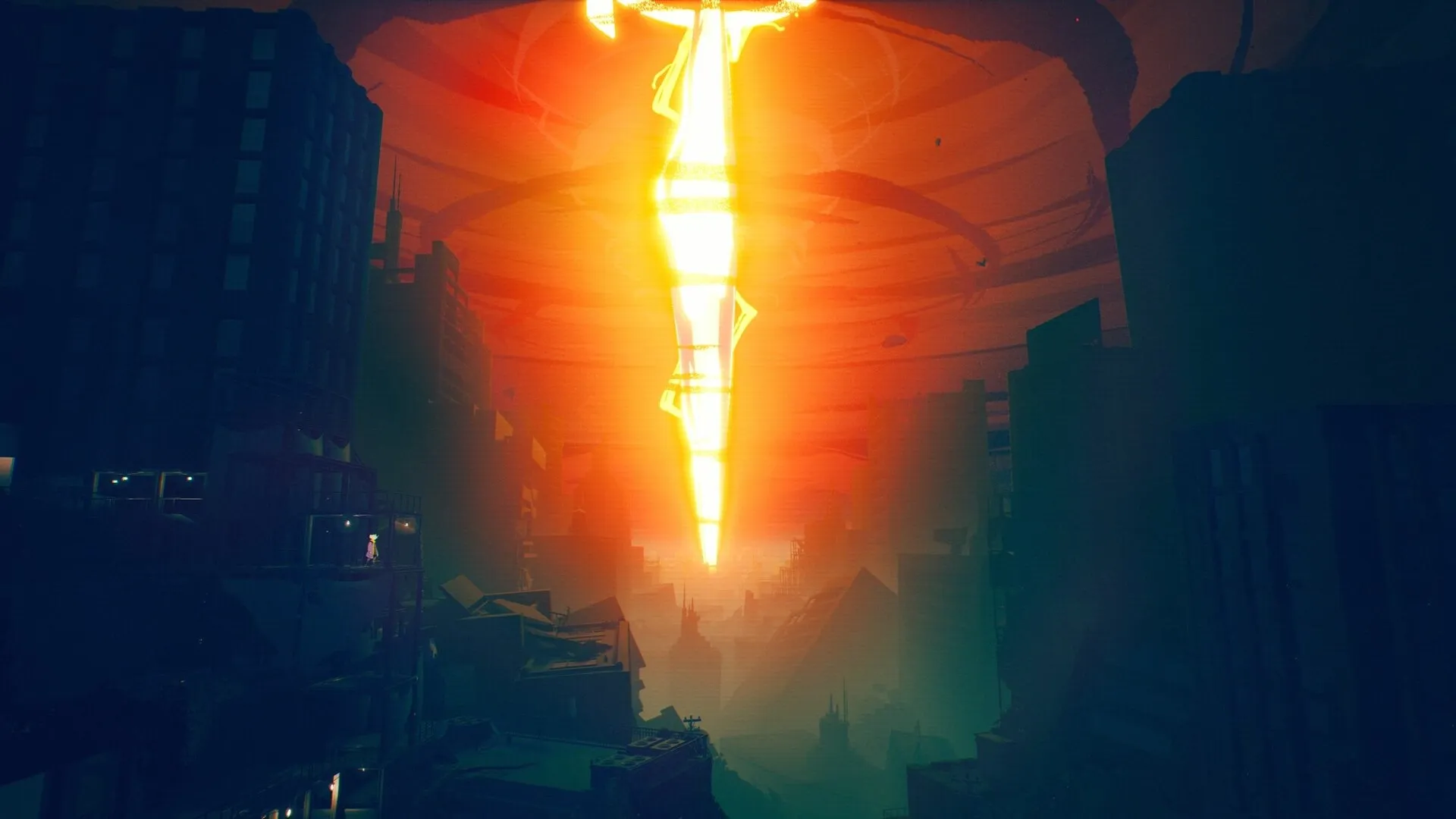 Possessor(s): Character stands on ledge overlooking glowing rift in a dark, flooded cityscape.