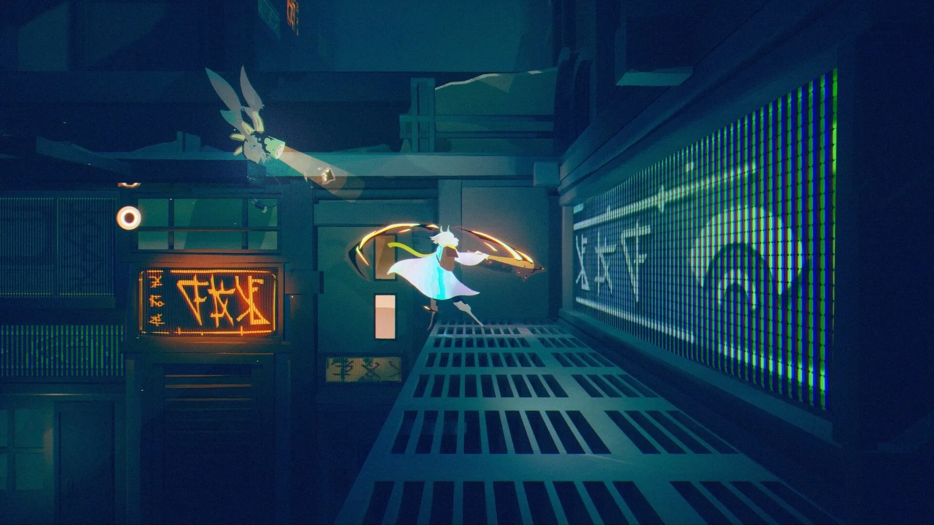 Possessor(s): Character leaping over neon-lit platforms in a dark, futuristic urban environment