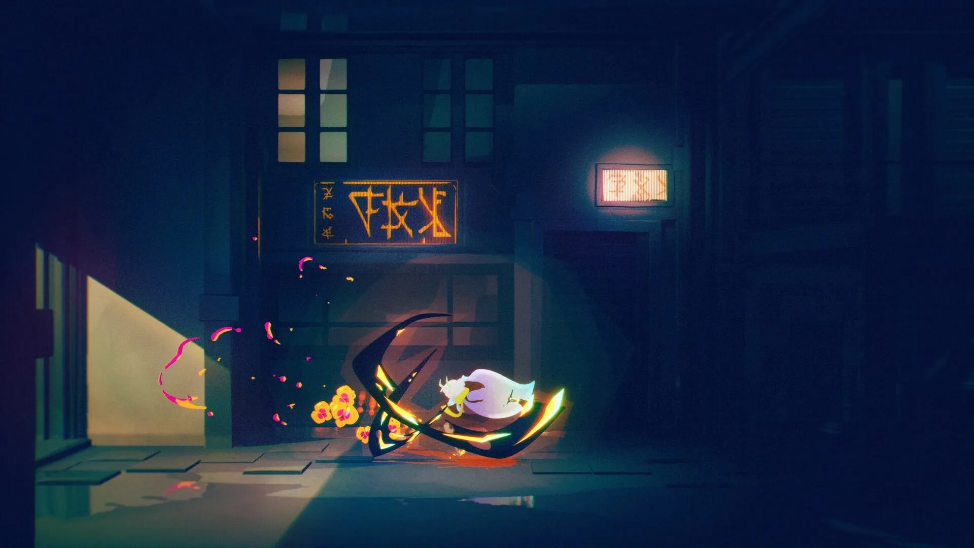 Possessor(s): Character dodging neon-lit enemy attack in dark, urban street with glowing signs