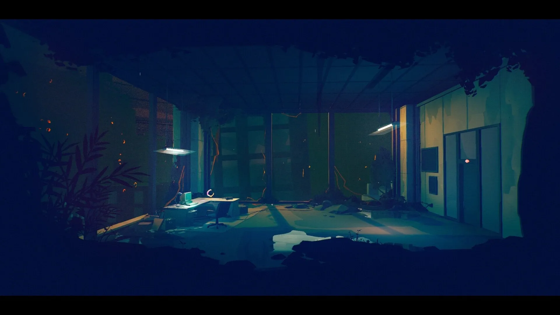 Possessor(s): Abandoned office with broken ceiling and glowing computer in a dark, eerie cityscape environment